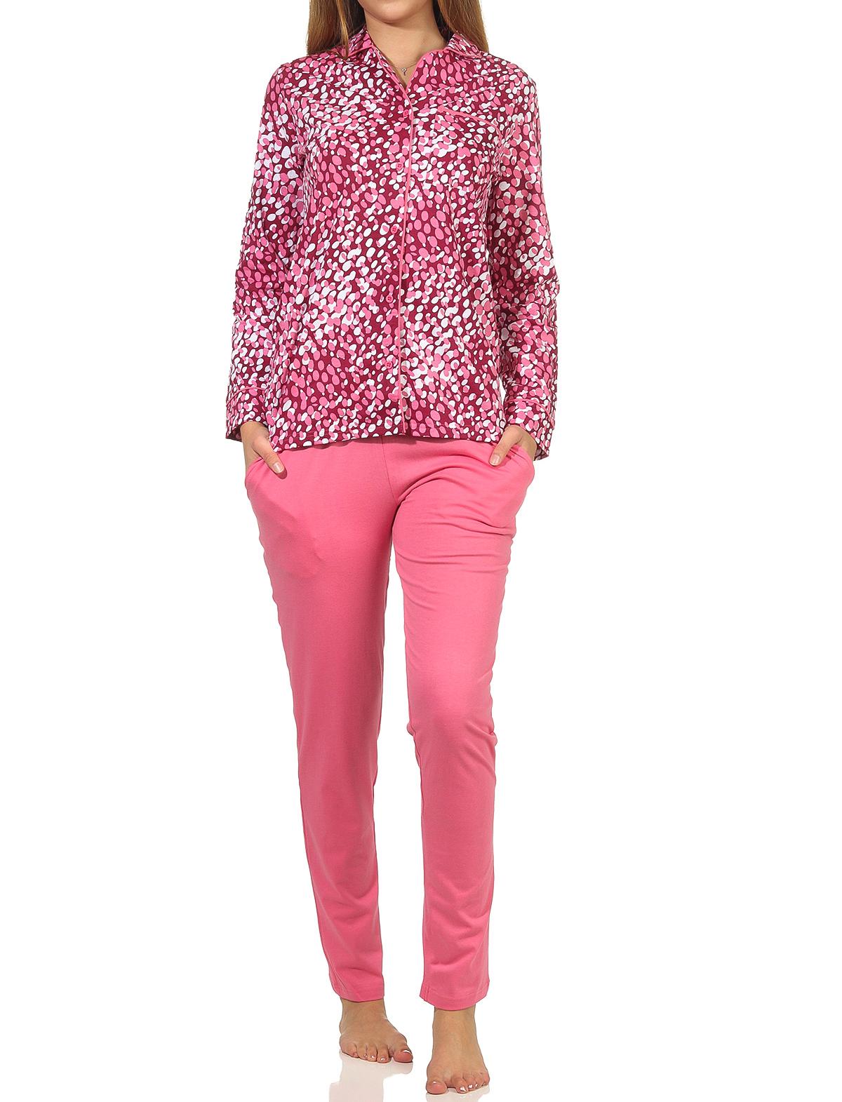 Eleganter Damen Pyjama langarm Schlafanzug zum durchknöpfen in Tupfen Optik Eleganter Damen Pyjama langarm Schlafanzug zum durchknöpfen in Tupfen Optik