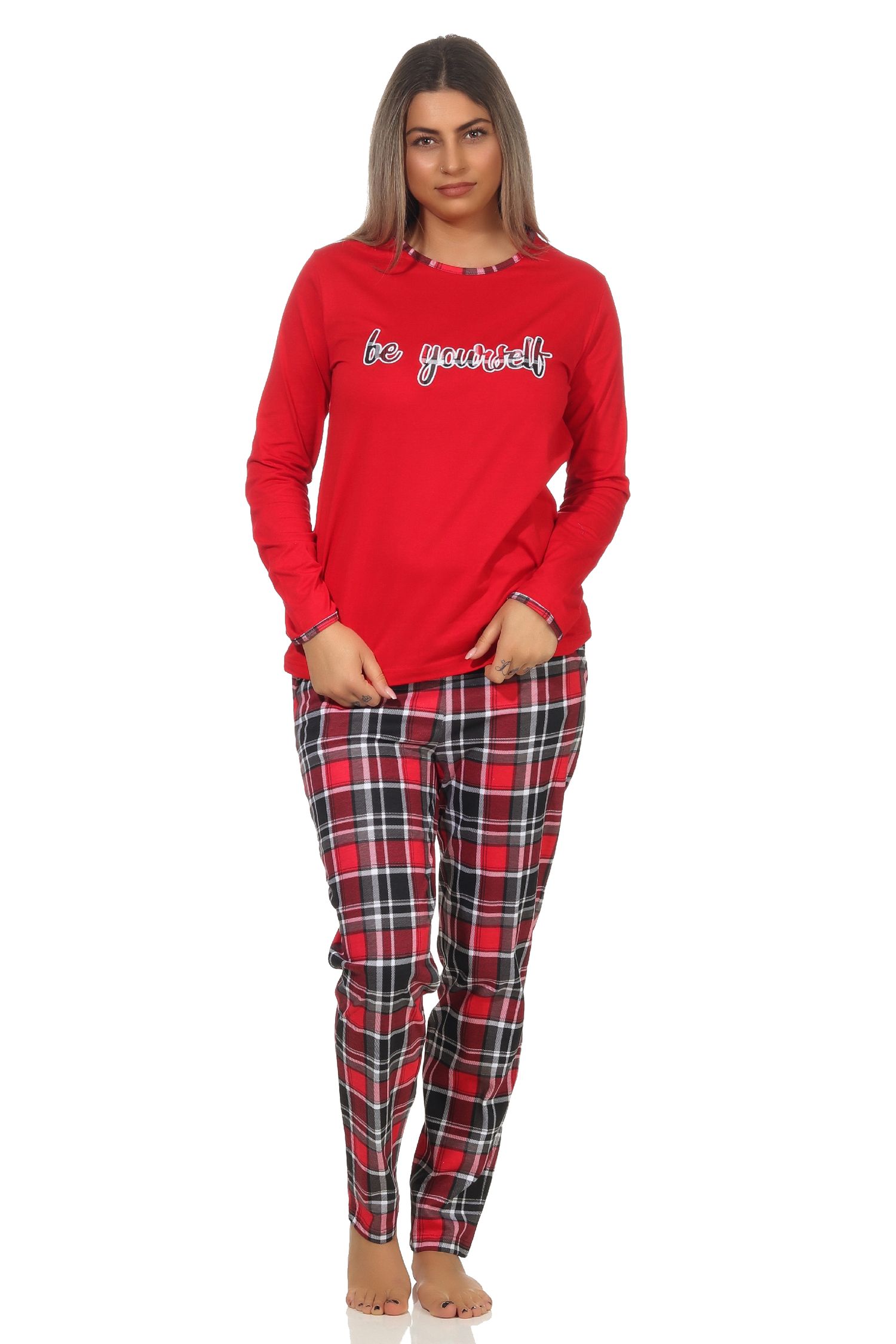 Damen Pyjama lang mit Karohose und Frontprint - auch in Übergrössen bis Gr. 60/62 - 202 820