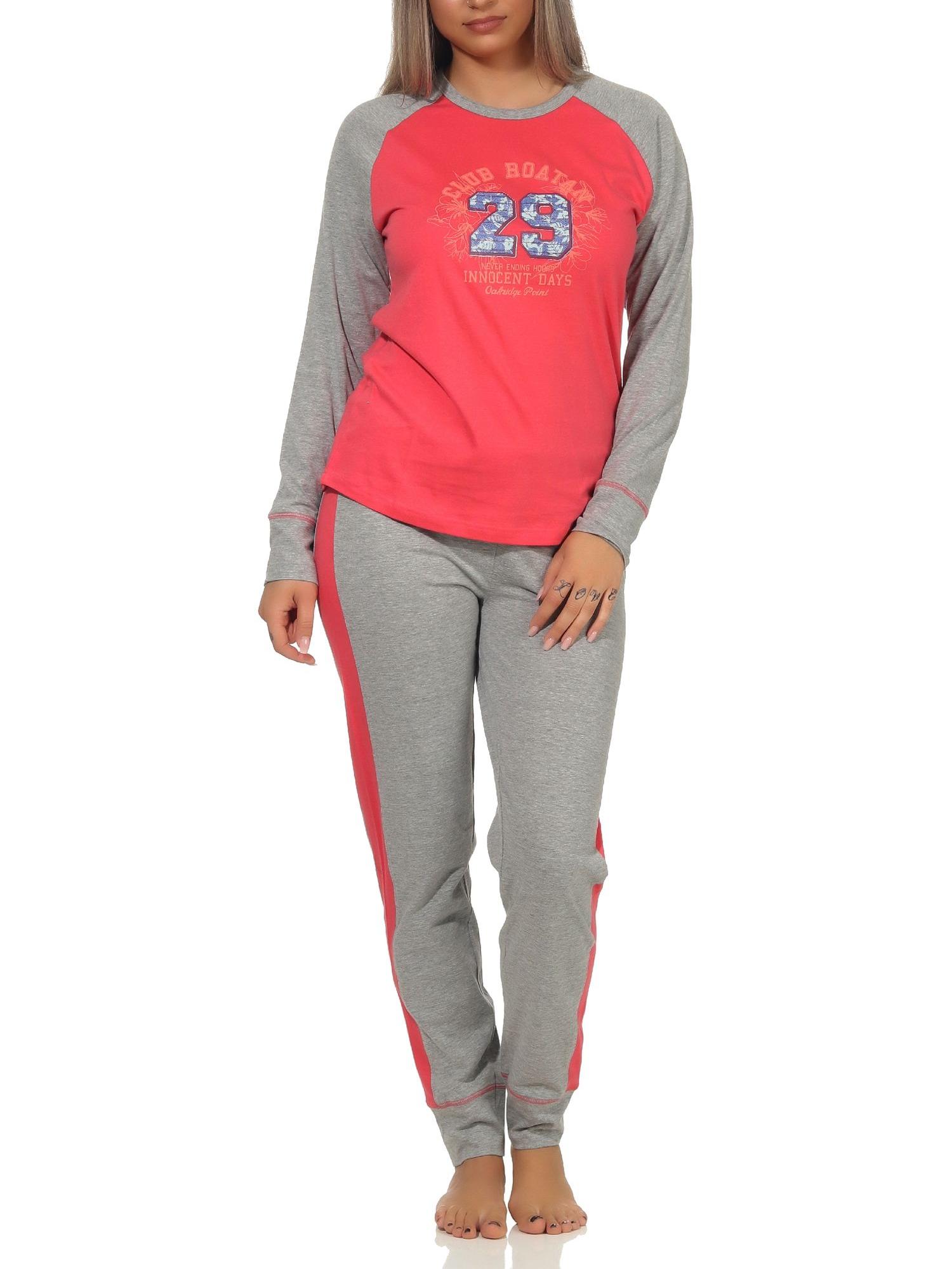 Damen Pyjama im College-Look mit Print und abgesetzten Ärmeln - auch in Übergrössen