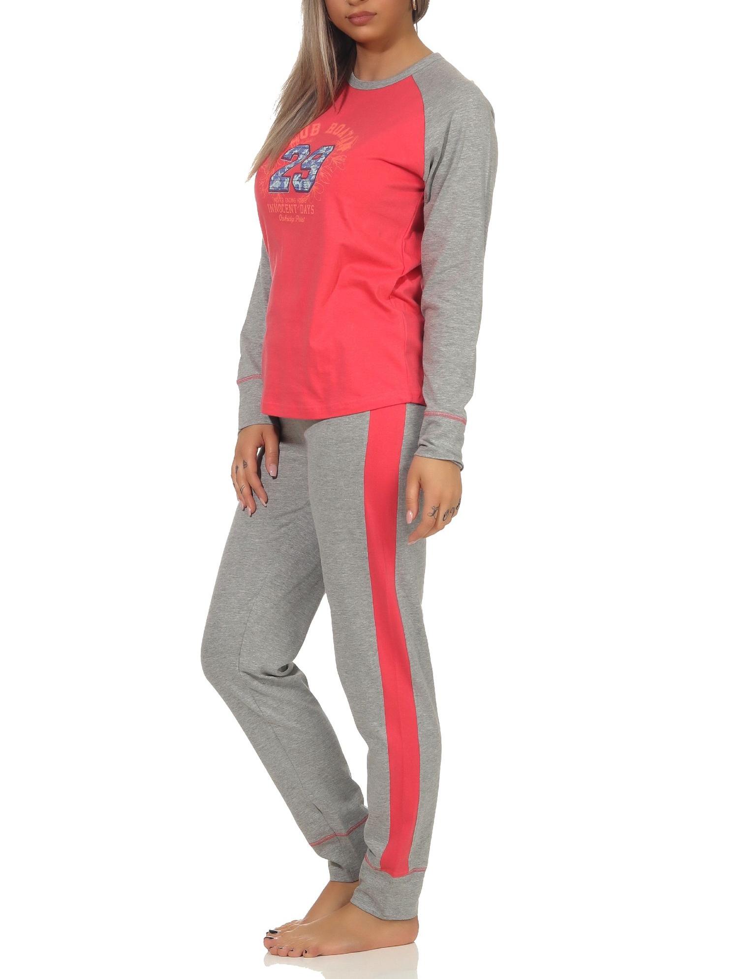 Damen Pyjama im College-Look mit Print und abgesetzten Ärmeln - auch in Übergrössen