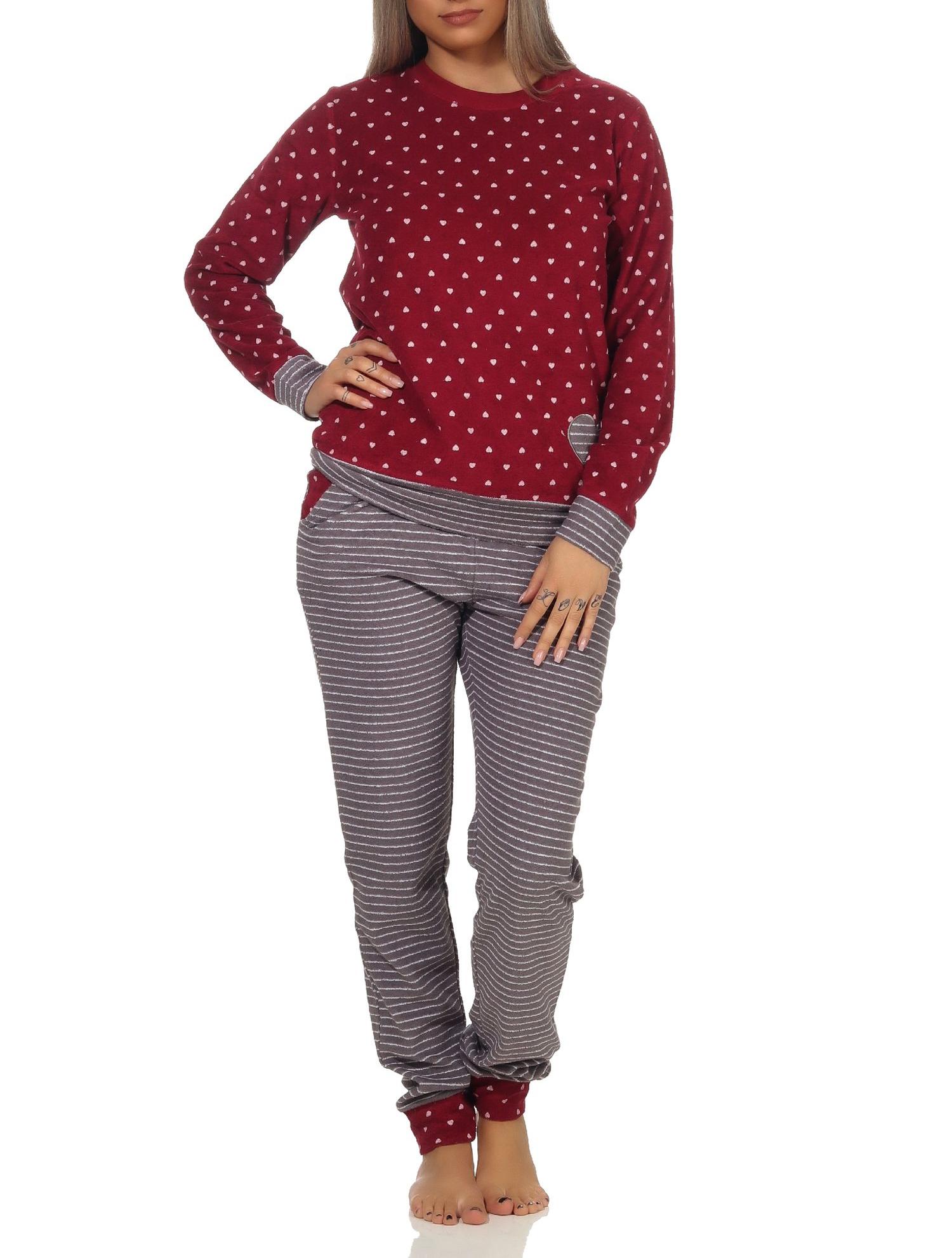 Damen Frottee Pyjama mit Bündchen im Herz Tupfen- und Ringeldesign  - auch in Übergrössen