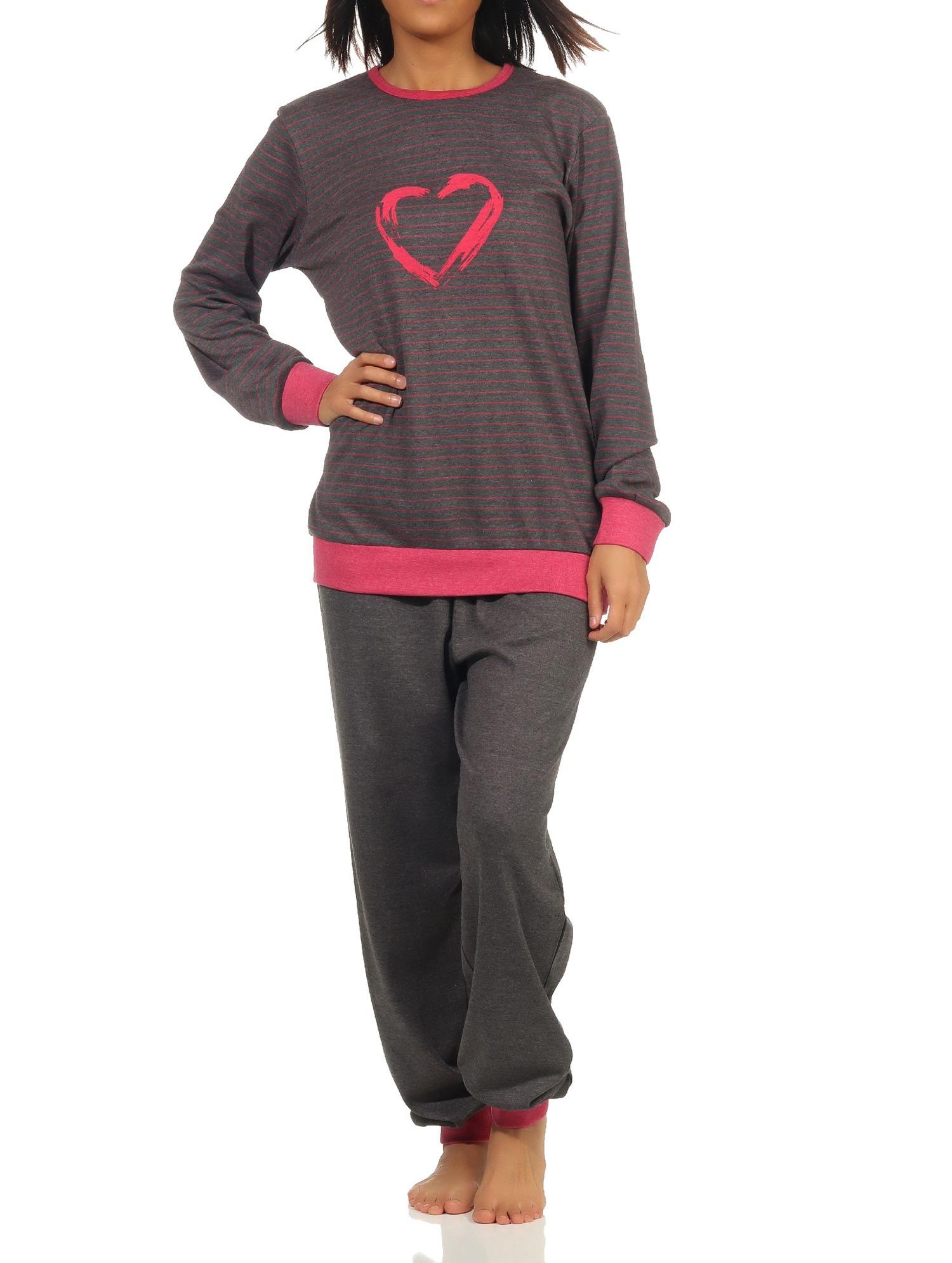 Damen Pyjama langarm mit Bündchen und Herz Motiv in Streifenoptik - auch in Übergrössen