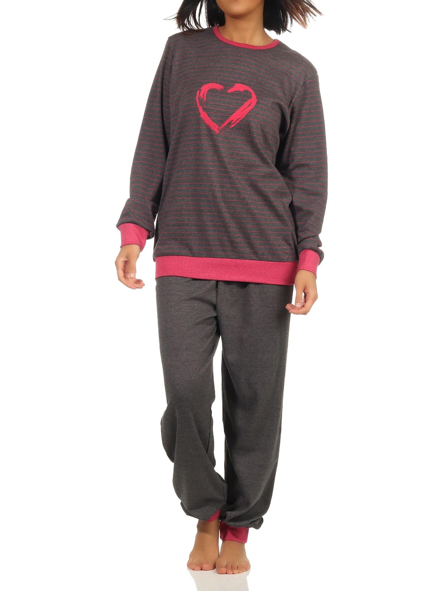 Damen Pyjama langarm mit Bündchen und Herz Motiv in Streifenoptik - auch in Übergrössen