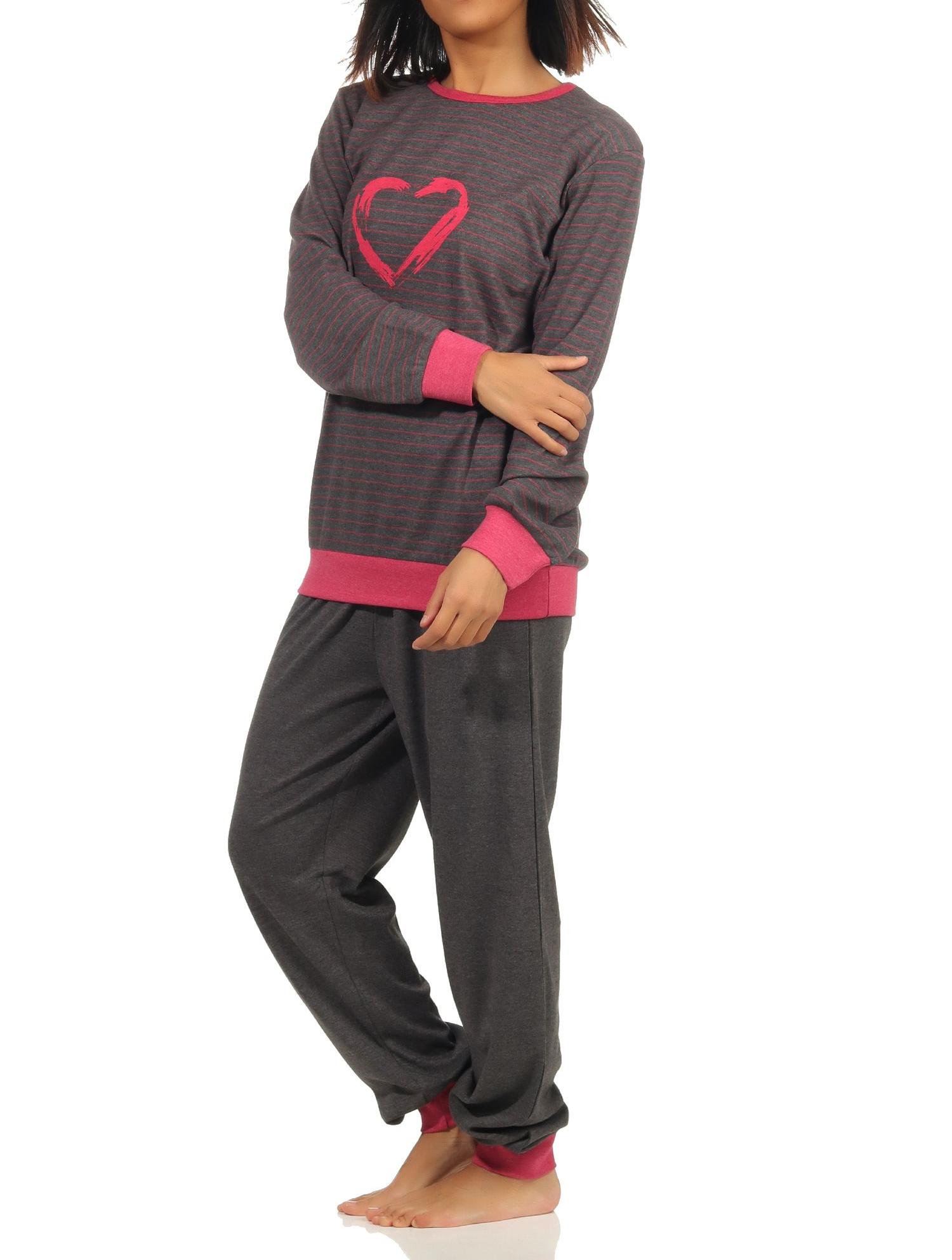 Damen Pyjama langarm mit Bündchen und Herz Motiv in Streifenoptik - auch in Übergrössen