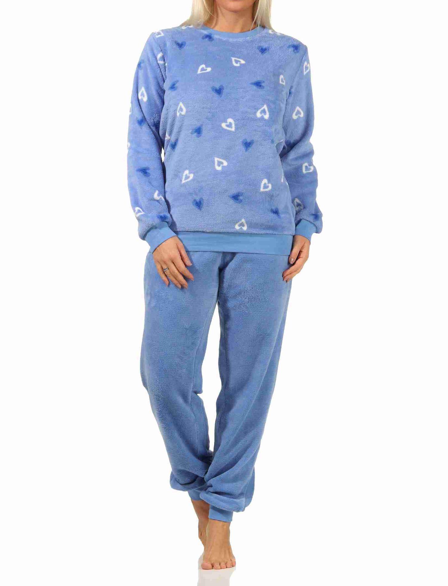 Wunderschöner Damen Schlafanzug mit Bündchen aus Coralfleece in toller Herz-Motiv Optik