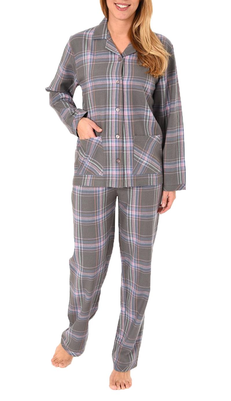 Damen Flanell Pyjama langarm Schlafanzug in karierter Optik- 61810 Damen Flanell Pyjama langarm Schlafanzug in karierter Optik- 61810