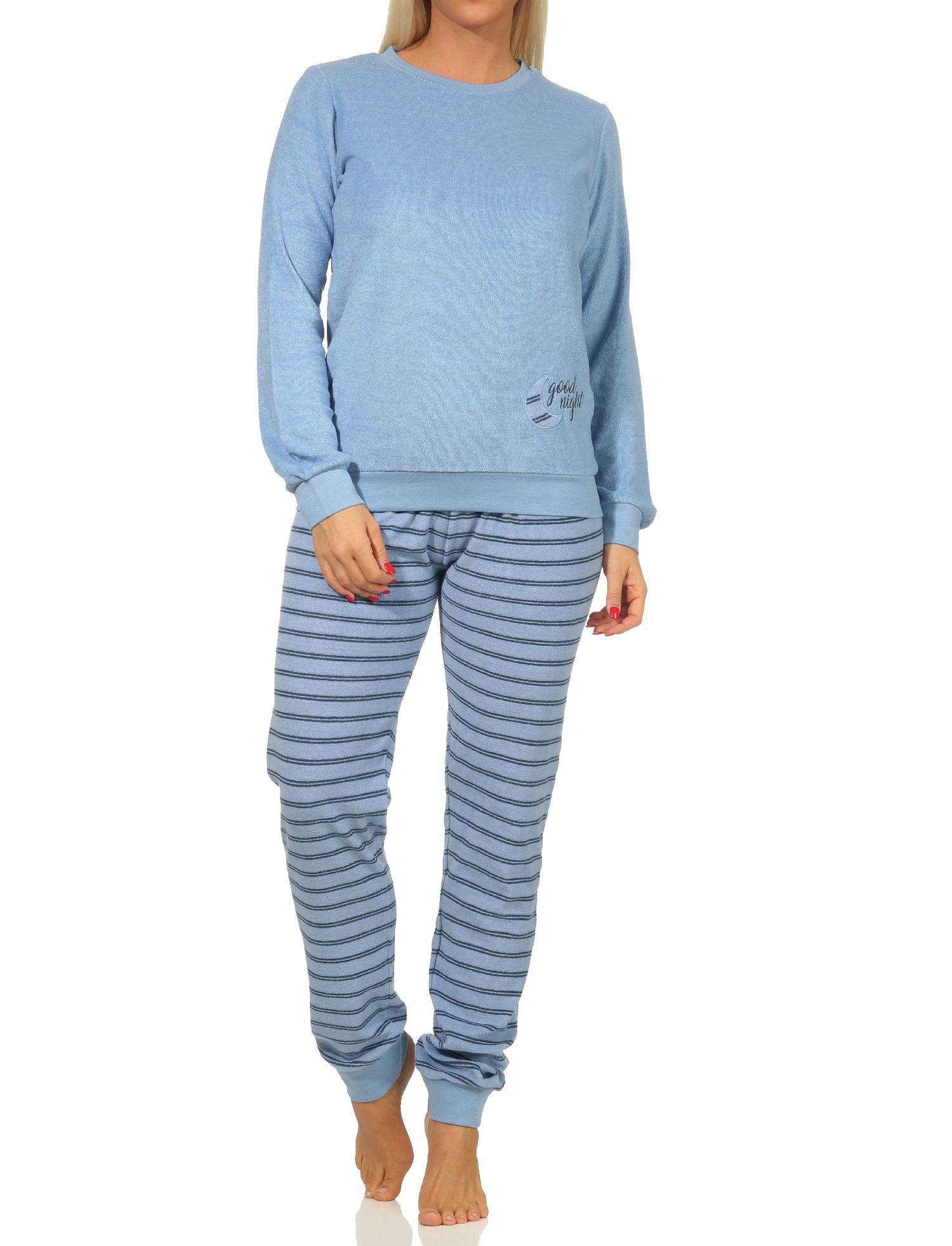 Damen Frottee Pyjama mit Bündchen - Hose gestreift, Top mit Mond Applikation - 212 13 800 Damen Frottee Pyjama mit Bündchen - Hose gestreift, Top mit Mond Applikation - 212 13 800