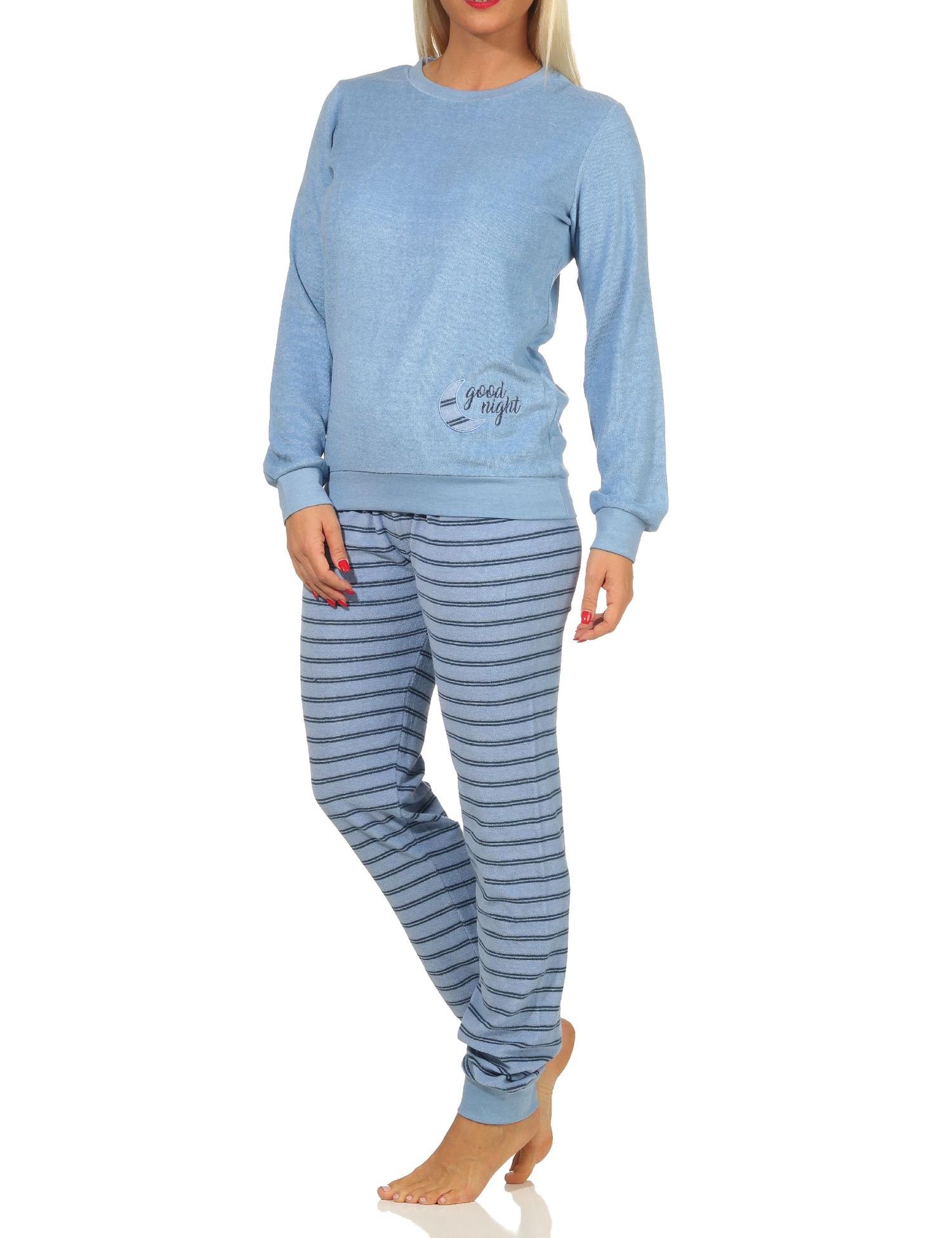 Damen Frottee Pyjama Schlafanzug mit Bündchen und niedlicher Mond Applikation - 212 201 13 800 Damen Frottee Pyjama mit Bündchen - Hose gestreift, Top mit Mond Applikation - 212 13 800