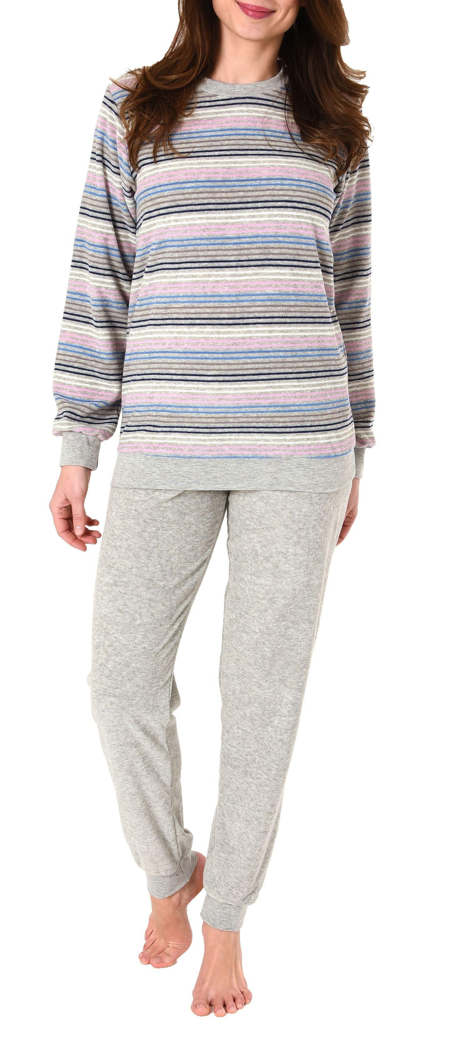 Damen Frottee Pyjama langarm Schlafanzug mit Bündchen in eleganter Ringeloptik - 61967 Damen Frottee Pyjama langarm Schlafanzug mit Bündchen in eleganter Ringeloptik - 61967
