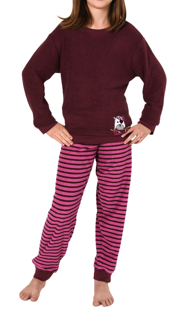 Mädchen Frottee Pyjama Schlafanzug langarm mit Bündchen & Eulen-Applikation - 29140113572