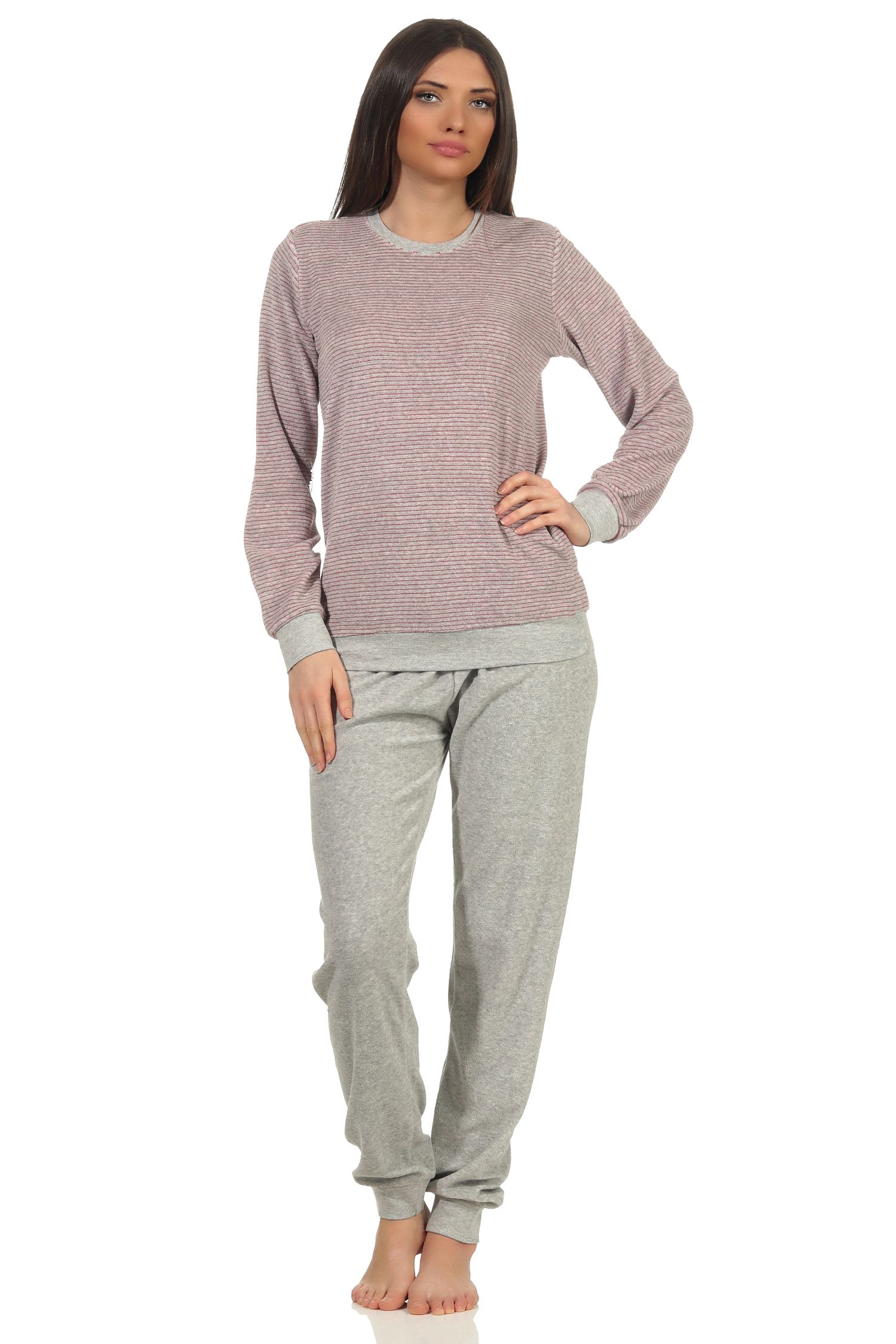 Damen Frottee Pyjama mit Bündchen und geringeltem Oberteil, Hose uni - 212 201 13 805 Damen Frottee Pyjama mit Bündchen und geringeltem Oberteil, Hose uni - 212 201 13 805