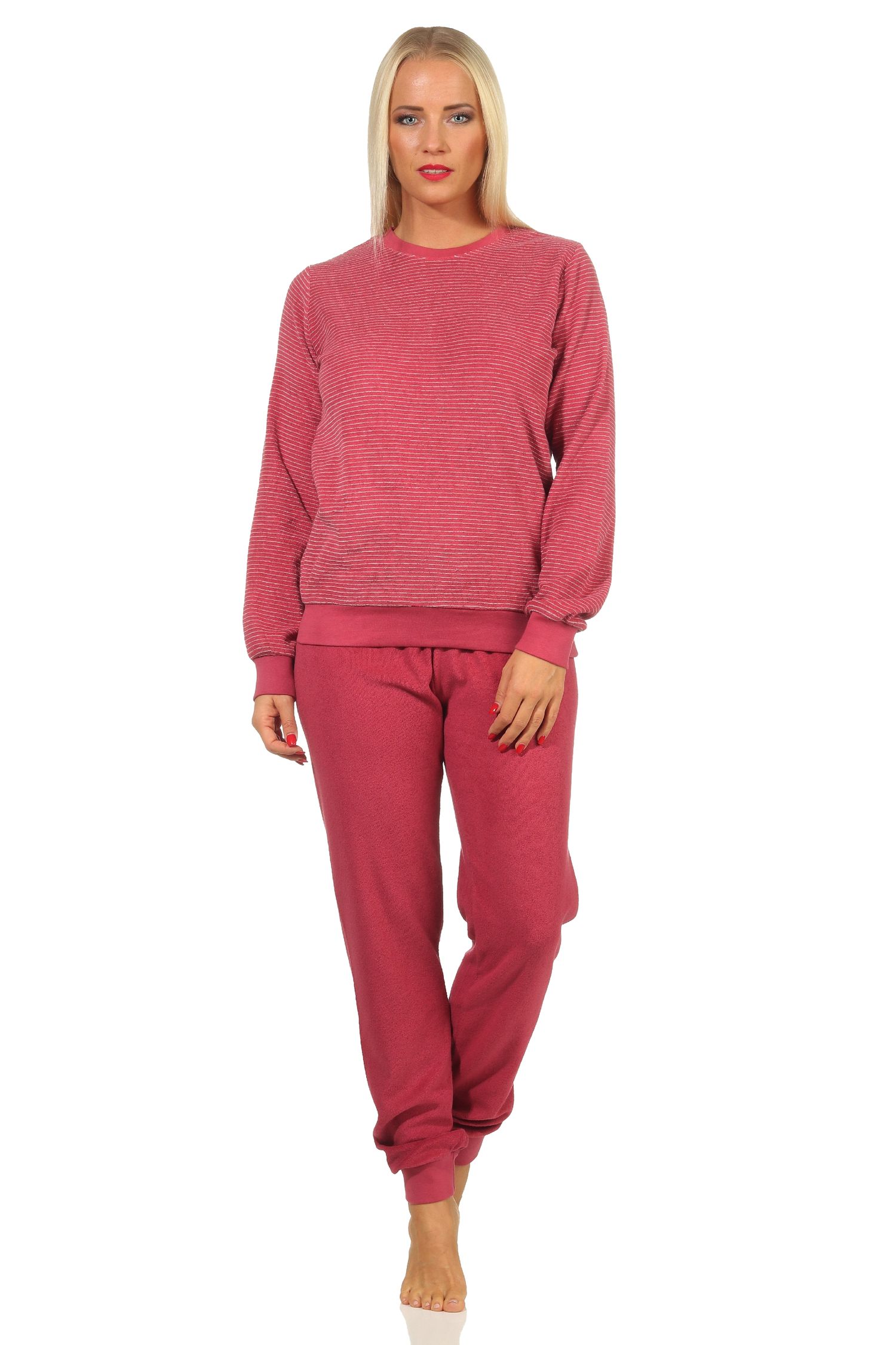 Damen Frottee Pyjama mit Bündchen und geringeltem Oberteil, Hose uni - 212 201 13 805 Damen Frottee Pyjama mit Bündchen und geringeltem Oberteil, Hose uni - 212 201 13 805