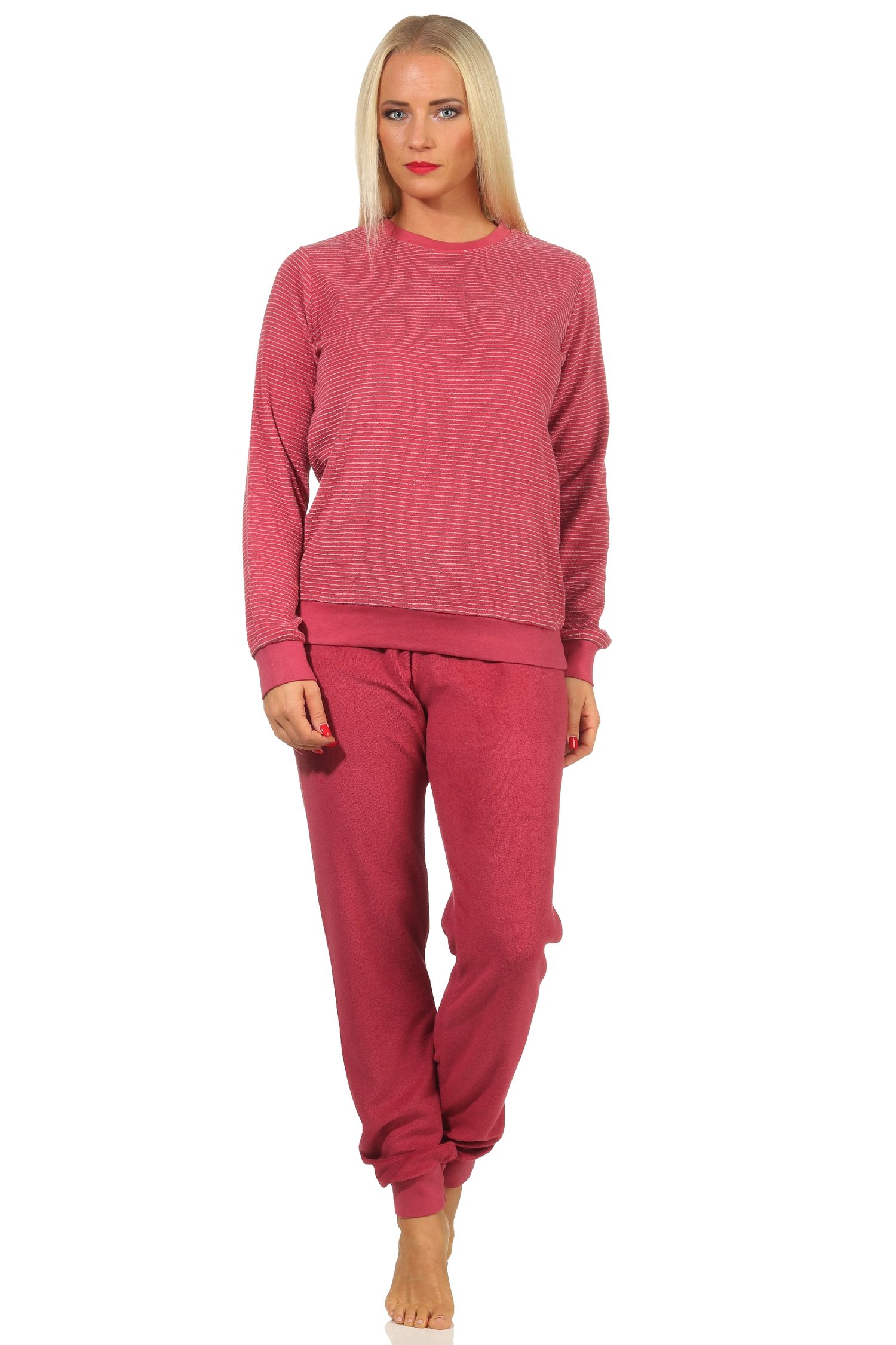 Damen Frottee Pyjama mit Bündchen und geringeltem Oberteil, Hose uni - 212 201 13 805 Damen Frottee Pyjama mit Bündchen und geringeltem Oberteil, Hose uni - 212 201 13 805