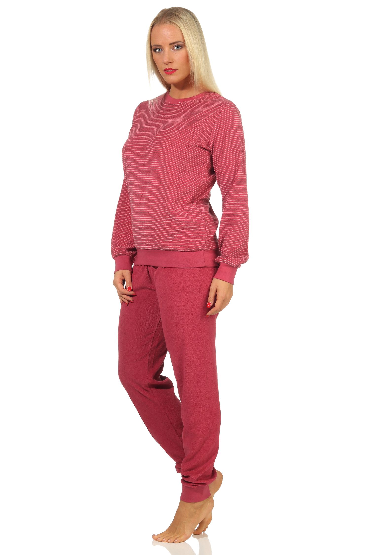 Damen Frottee Pyjama mit Bündchen und geringeltem Oberteil, Hose uni - 212 201 13 805 Damen Frottee Pyjama mit Bündchen und geringeltem Oberteil, Hose uni - 212 201 13 805