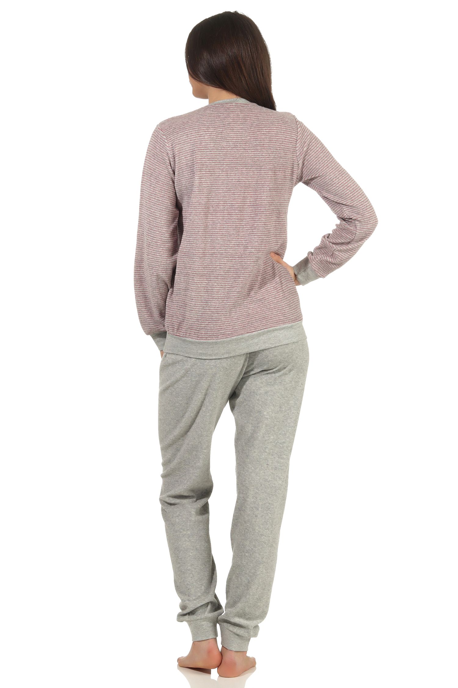 Damen Frottee Pyjama mit Bündchen und geringeltem Oberteil, Hose uni - 212 201 13 805 Damen Frottee Pyjama mit Bündchen und geringeltem Oberteil, Hose uni - 212 201 13 805
