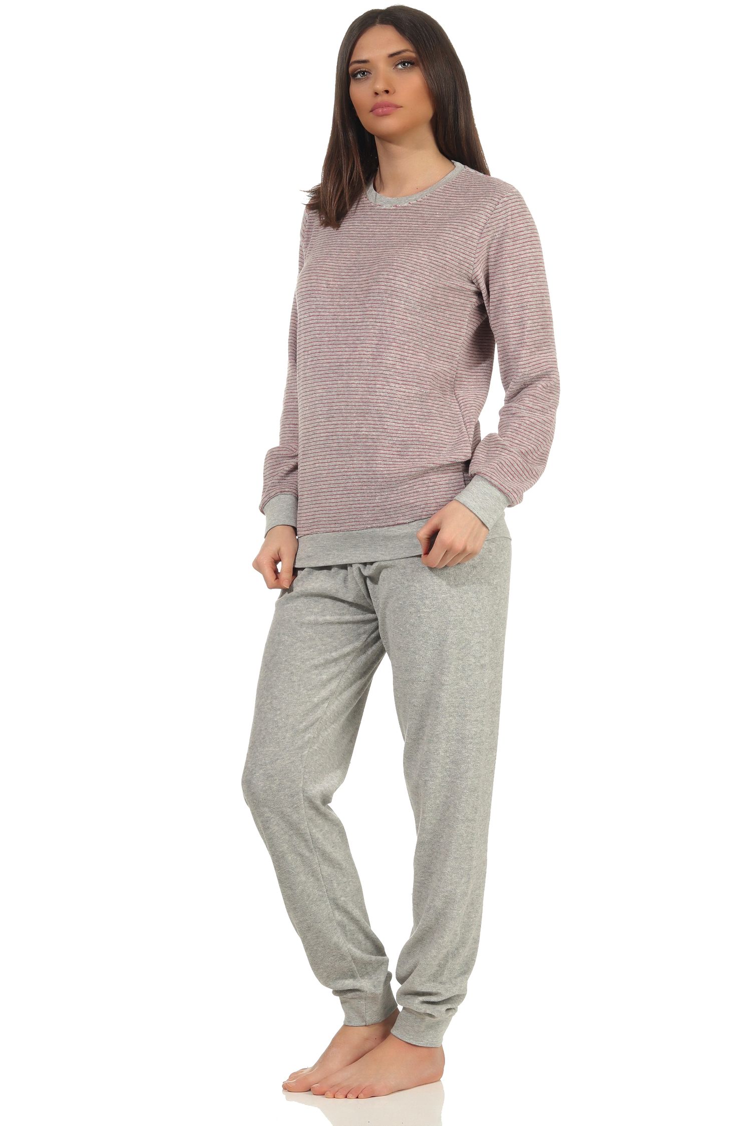 Damen Frottee Pyjama mit Bündchen und geringeltem Oberteil, Hose uni - 212 201 13 805 Damen Frottee Pyjama mit Bündchen und geringeltem Oberteil, Hose uni - 212 201 13 805