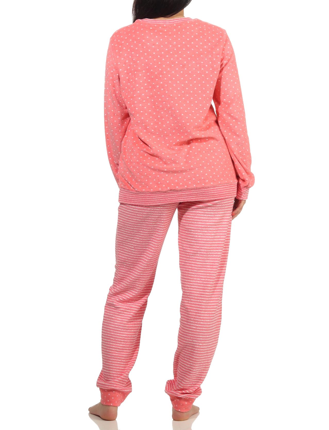 Damen Frottee Pyjama mit Bündchen in Herz-Tupfen Streifenoptik  - auch in Übergrössen