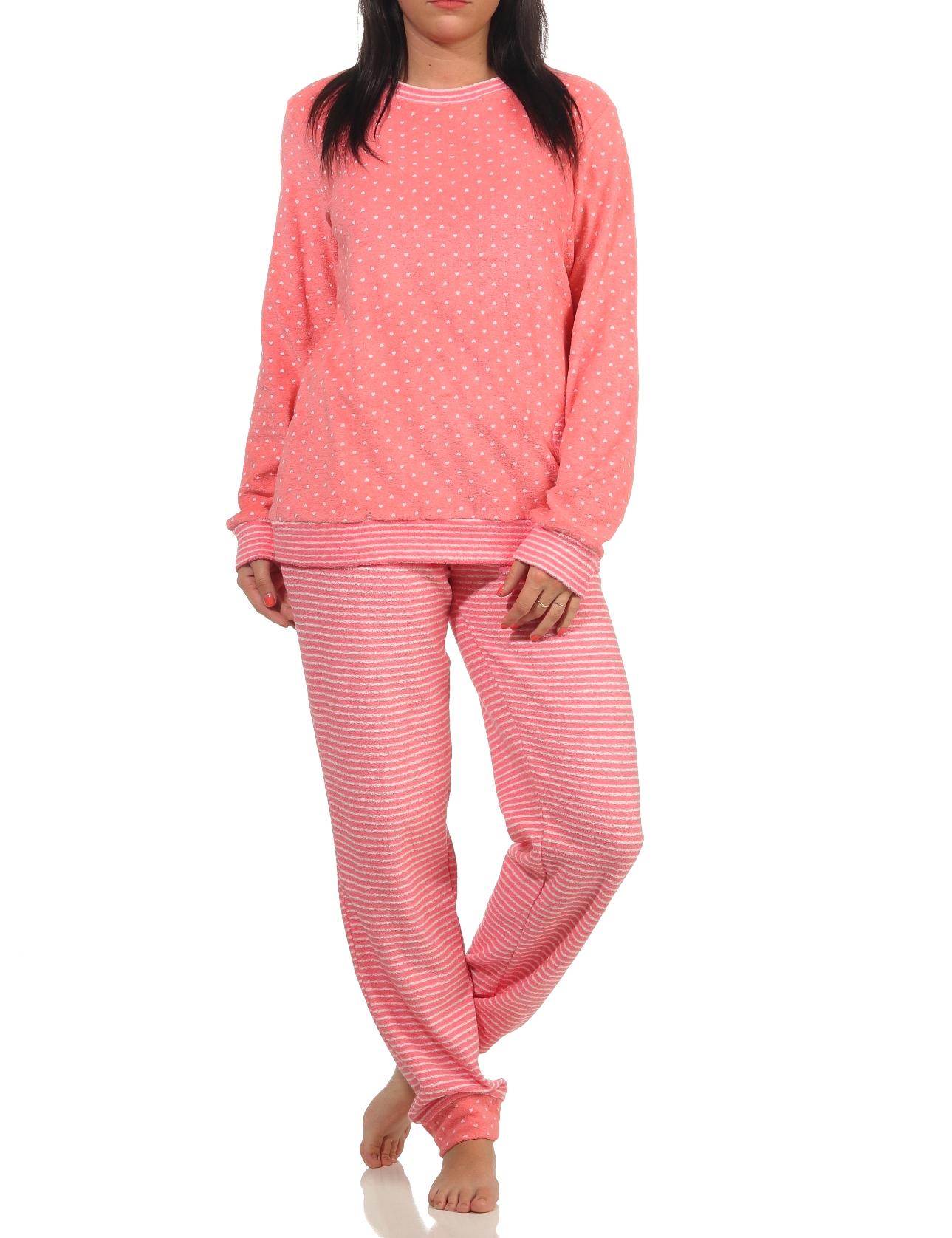 Damen Frottee Pyjama mit Bündchen in Herz-Tupfen Streifenoptik  - auch in Übergrössen