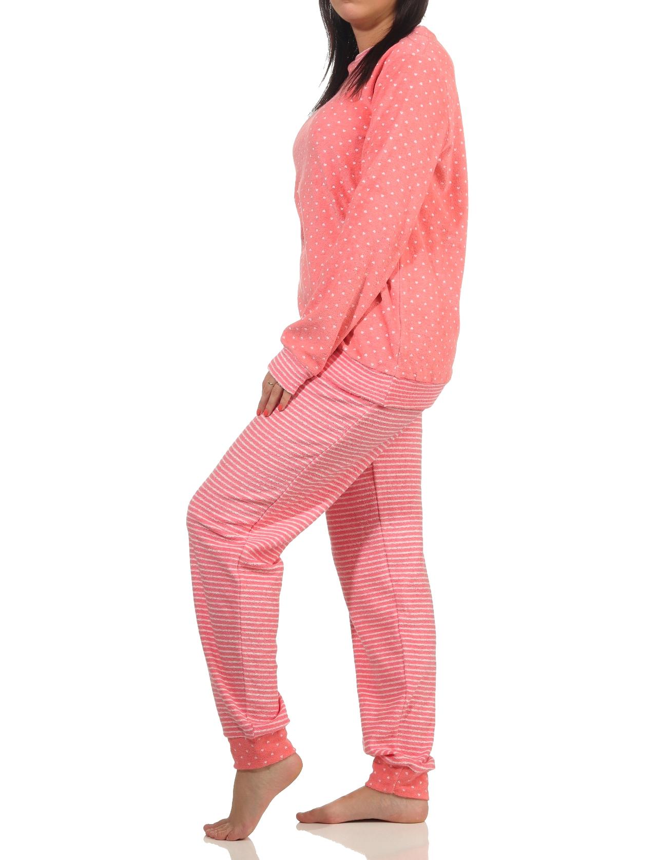 Damen Frottee Pyjama mit Bündchen in Herz-Tupfen Streifenoptik  - auch in Übergrössen