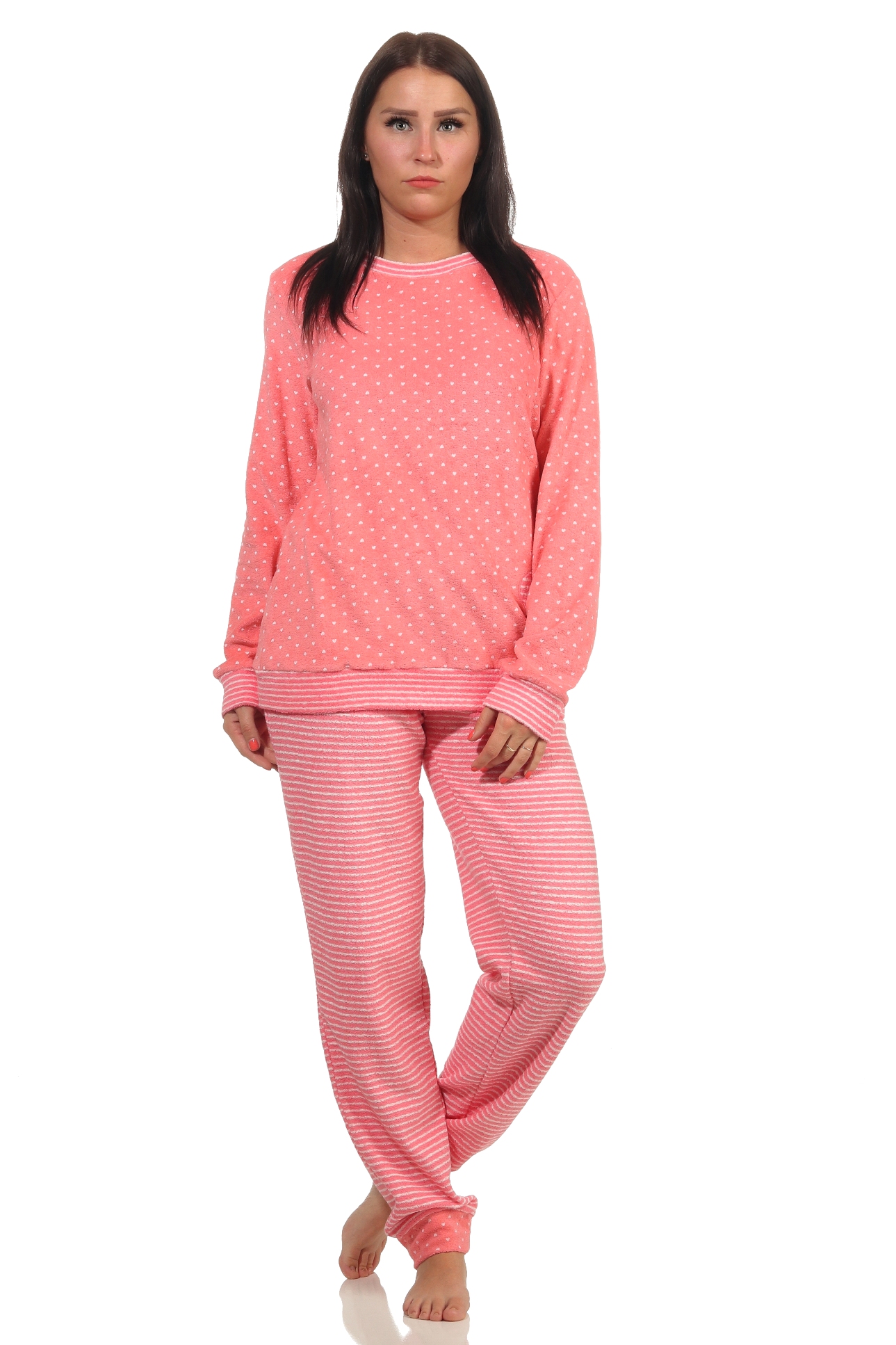 Damen Frottee Pyjama mit Bündchen in Herz-Tupfen Streifenoptik  - auch in Übergrössen
