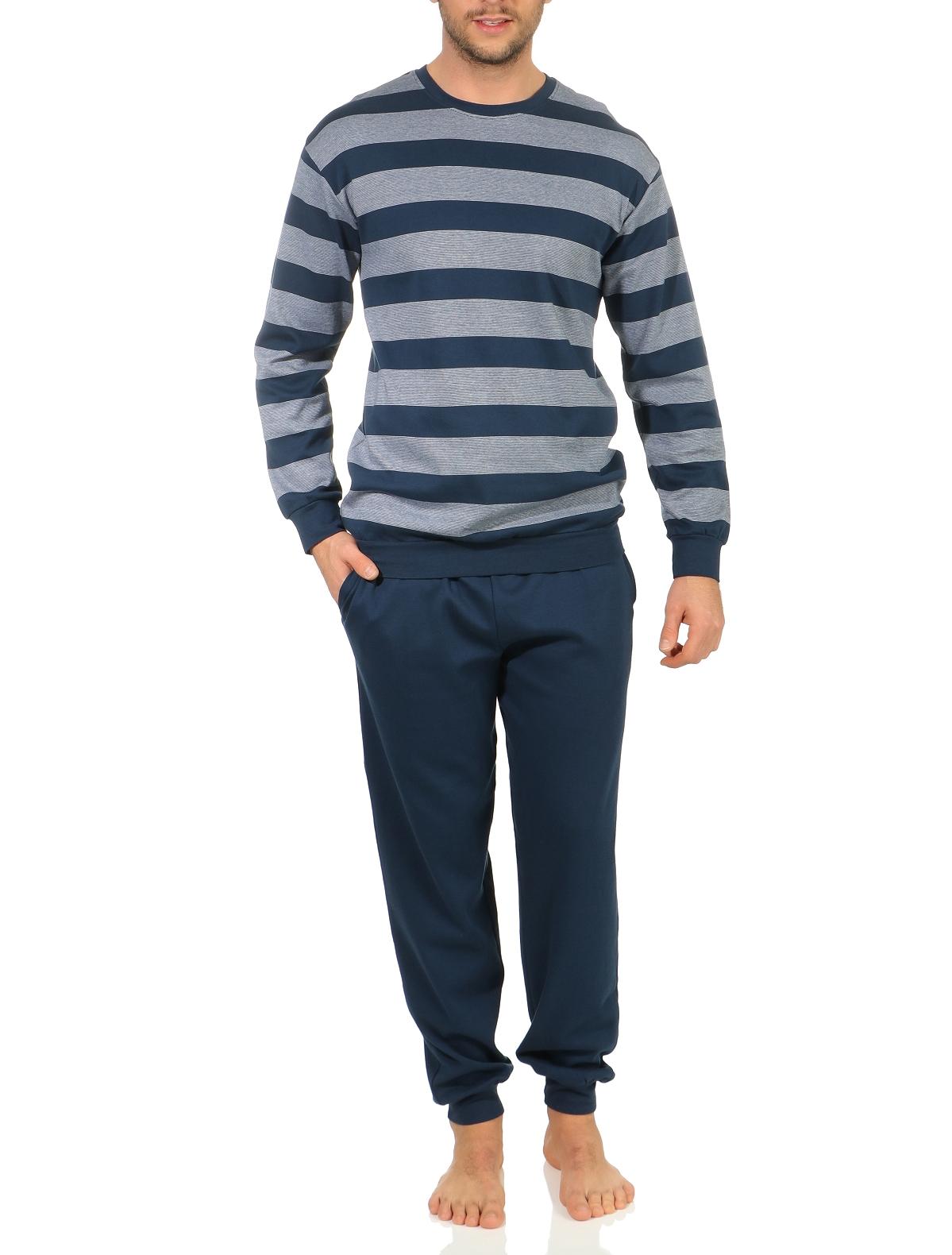 Herren Pyjama Schlafanzug im Streifenlook mit Bündchen in kuschelig warmer Qualität 