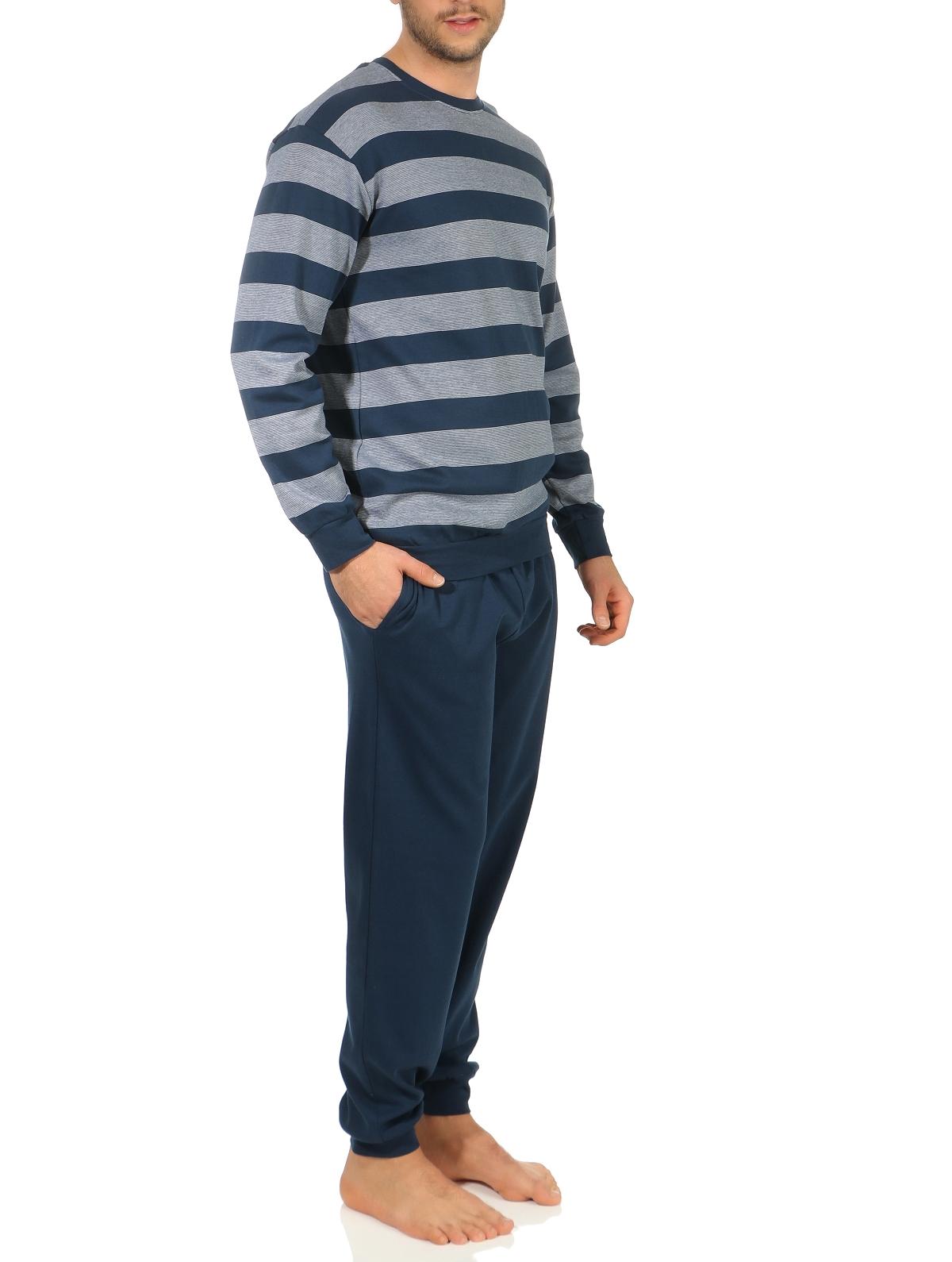 Herren Pyjama Schlafanzug im Streifenlook mit Bündchen in kuschelig warmer Qualität 