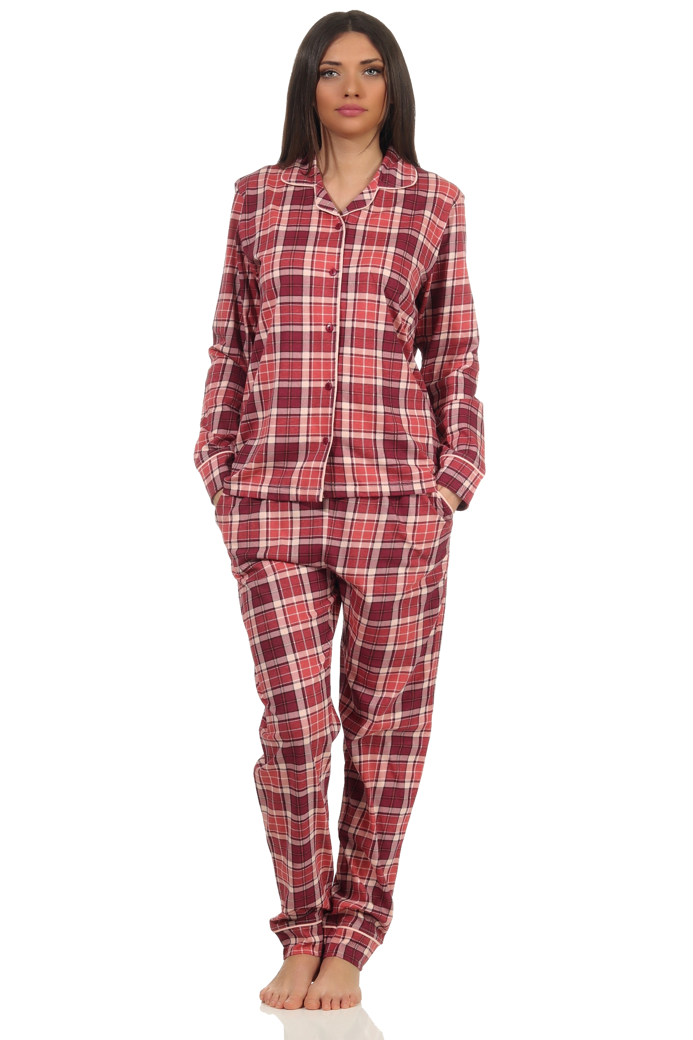 Damen Schlafanzug Pyjama in Karo Optik zum durchknöpfen in Single Jersey Qualität