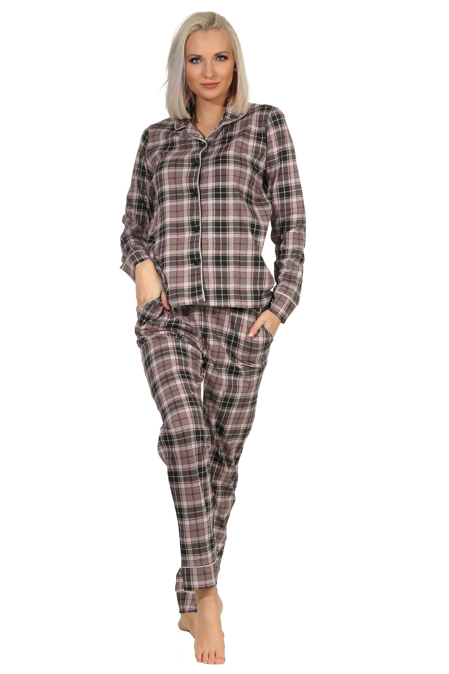 Damen Schlafanzug Pyjama in Karo Optik zum durchknöpfen in Single Jersey Qualität Damen Schlafanzug Pyjama in Karo Optik zum durchknöpfen in Single Jersey Qualität