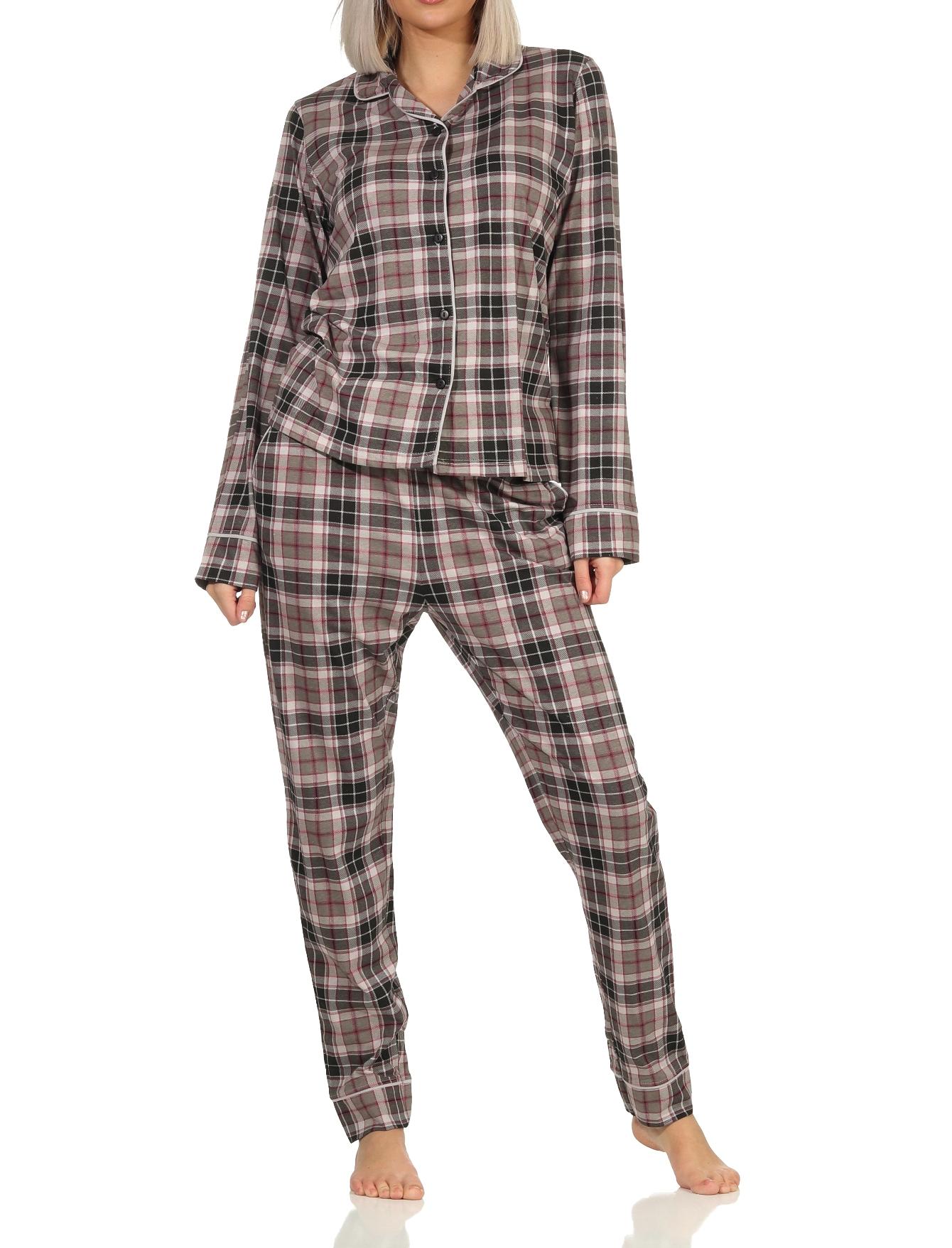 Damen Schlafanzug Pyjama in Karo Optik zum durchknöpfen in Single Jersey Qualität