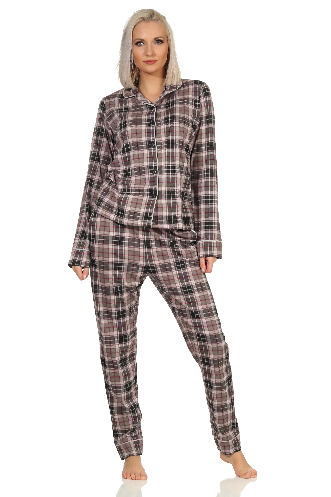 Damen Schlafanzug Pyjama in Karo Optik zum durchknöpfen in Single Jersey Qualität Damen Schlafanzug Pyjama in Karo Optik zum durchknöpfen in Single Jersey Qualität