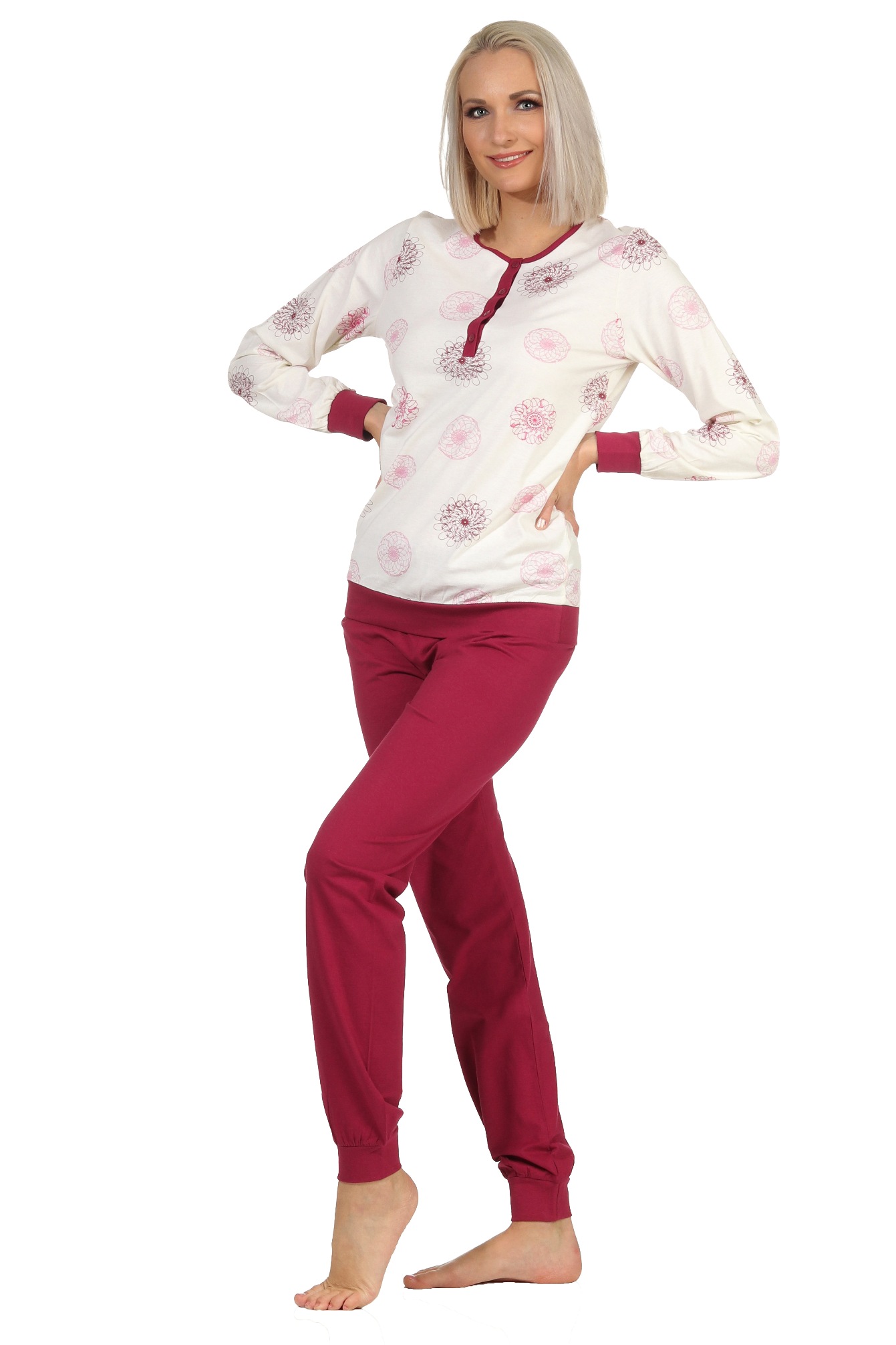 Edler Damen Schlafanzug langarm Pyjama mit Bündchen - 202 201 10 105