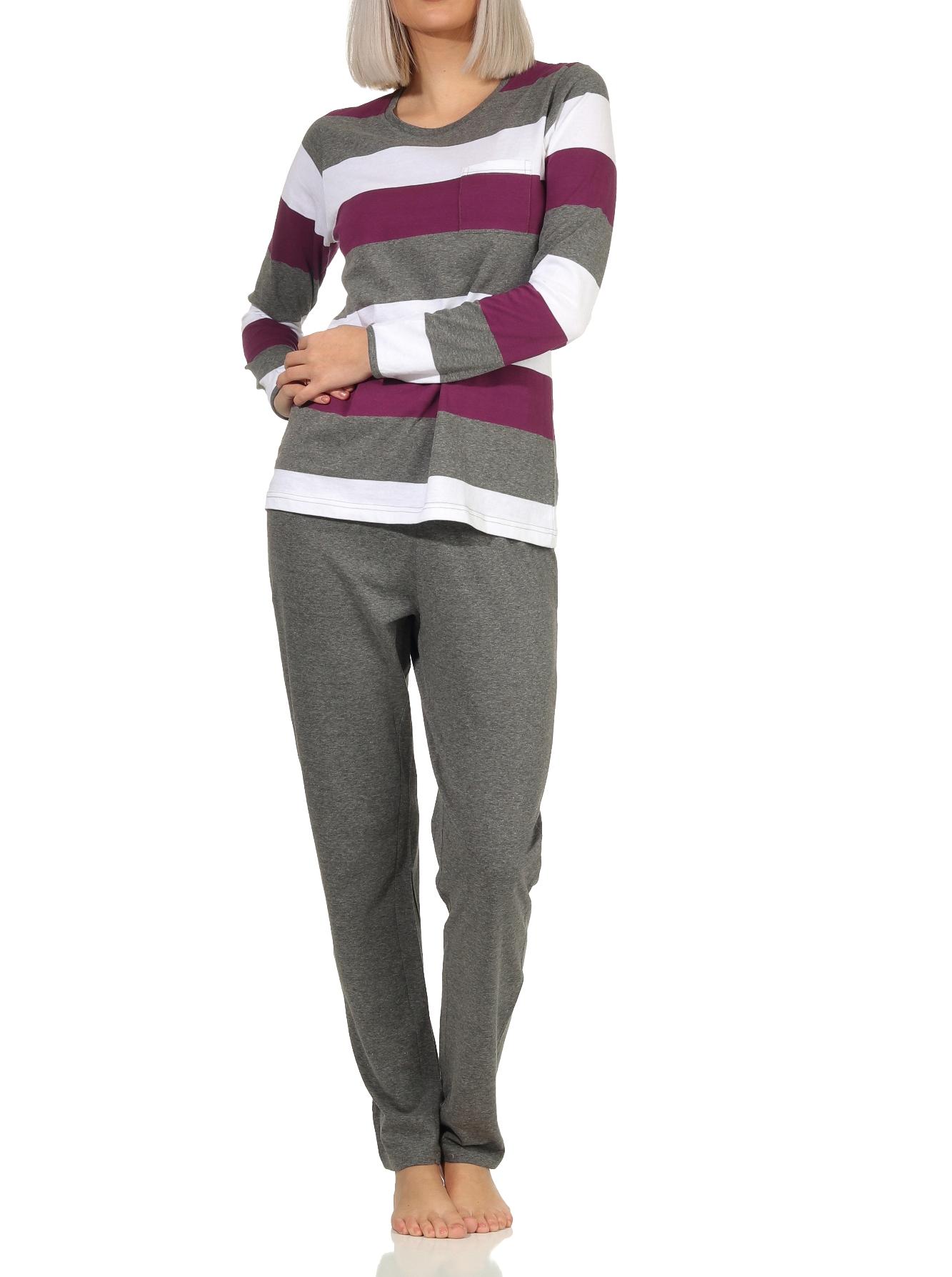 Damen Pyjama Schlafanzug langarm in wunderschöner Block Streifen Optik