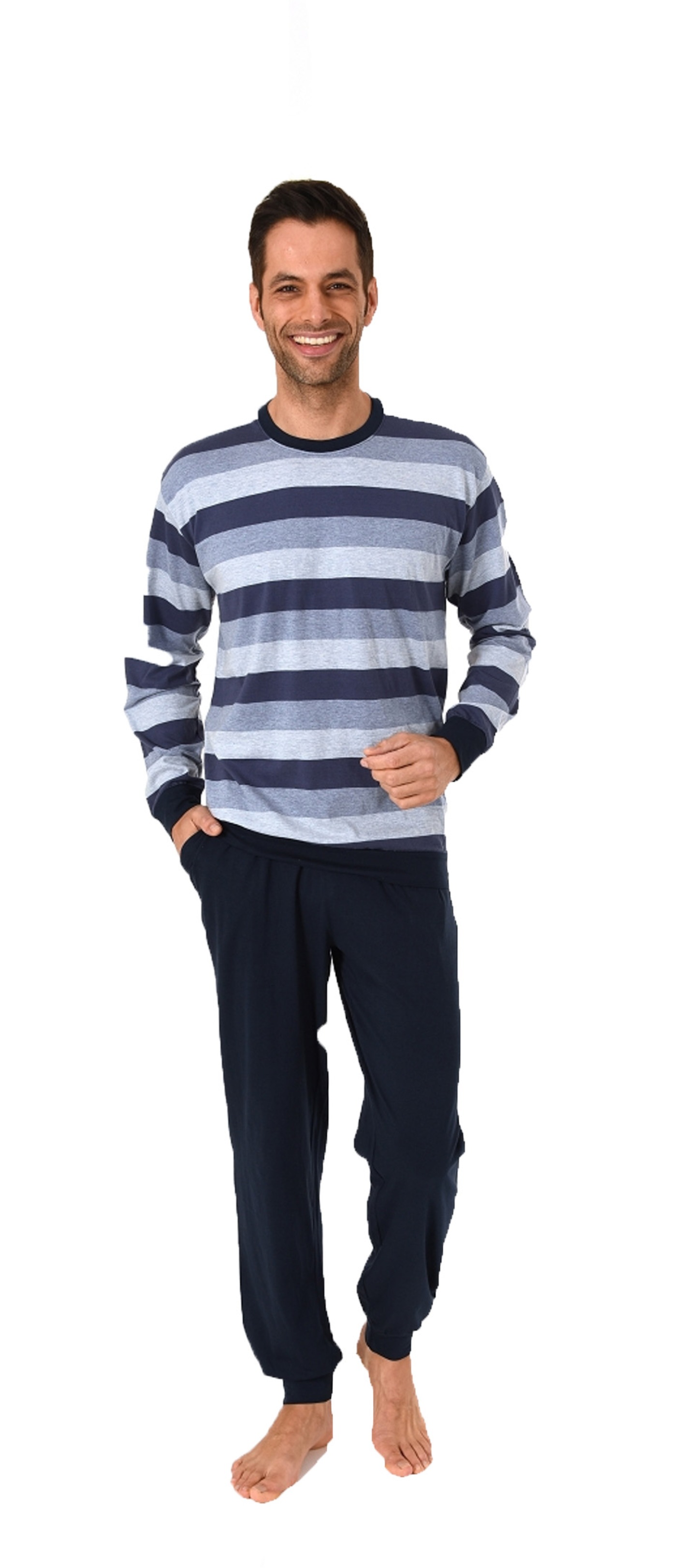Herren Schlafanzug langarm Pyjama mit Bündchen in eleganter Streifenoptik - 202 101 10 720