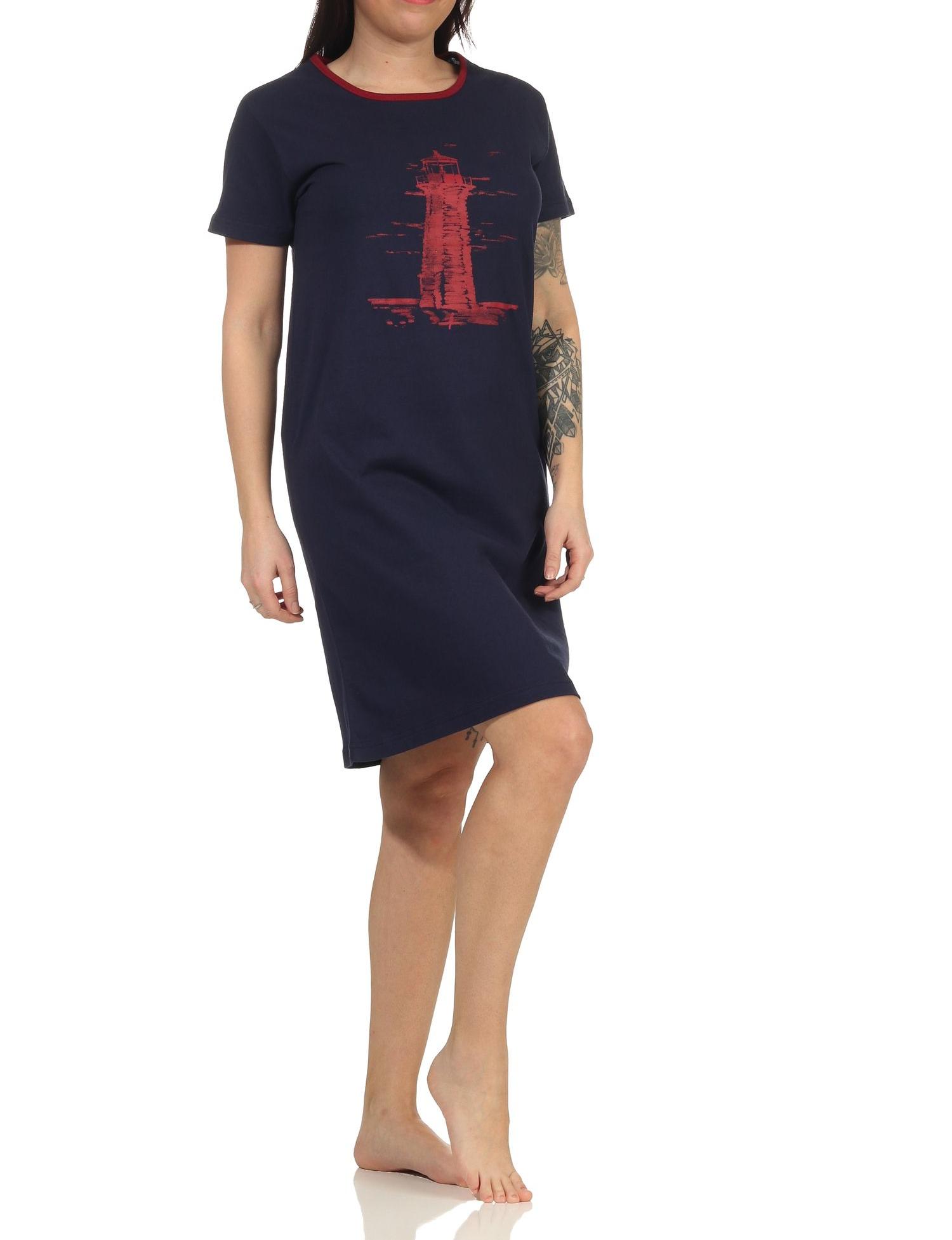 Damen Nachthemd kurzarm im maritimen Look und mit Leuchtturm als Motiv - 112 214 10 715