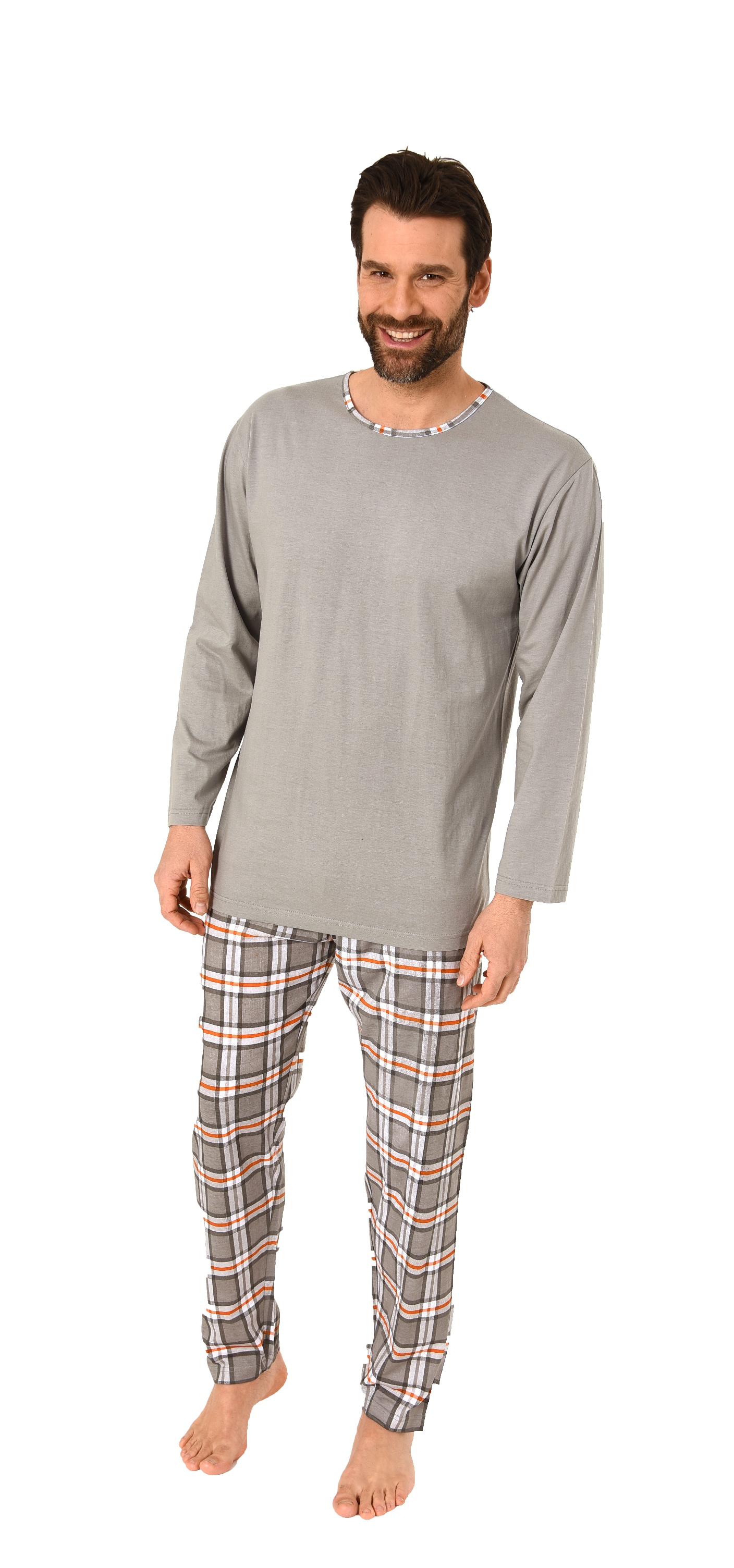 Herren Schlafanzug Pyjama langarm in Mix & Match Optik mit karierter Jersey Hose 