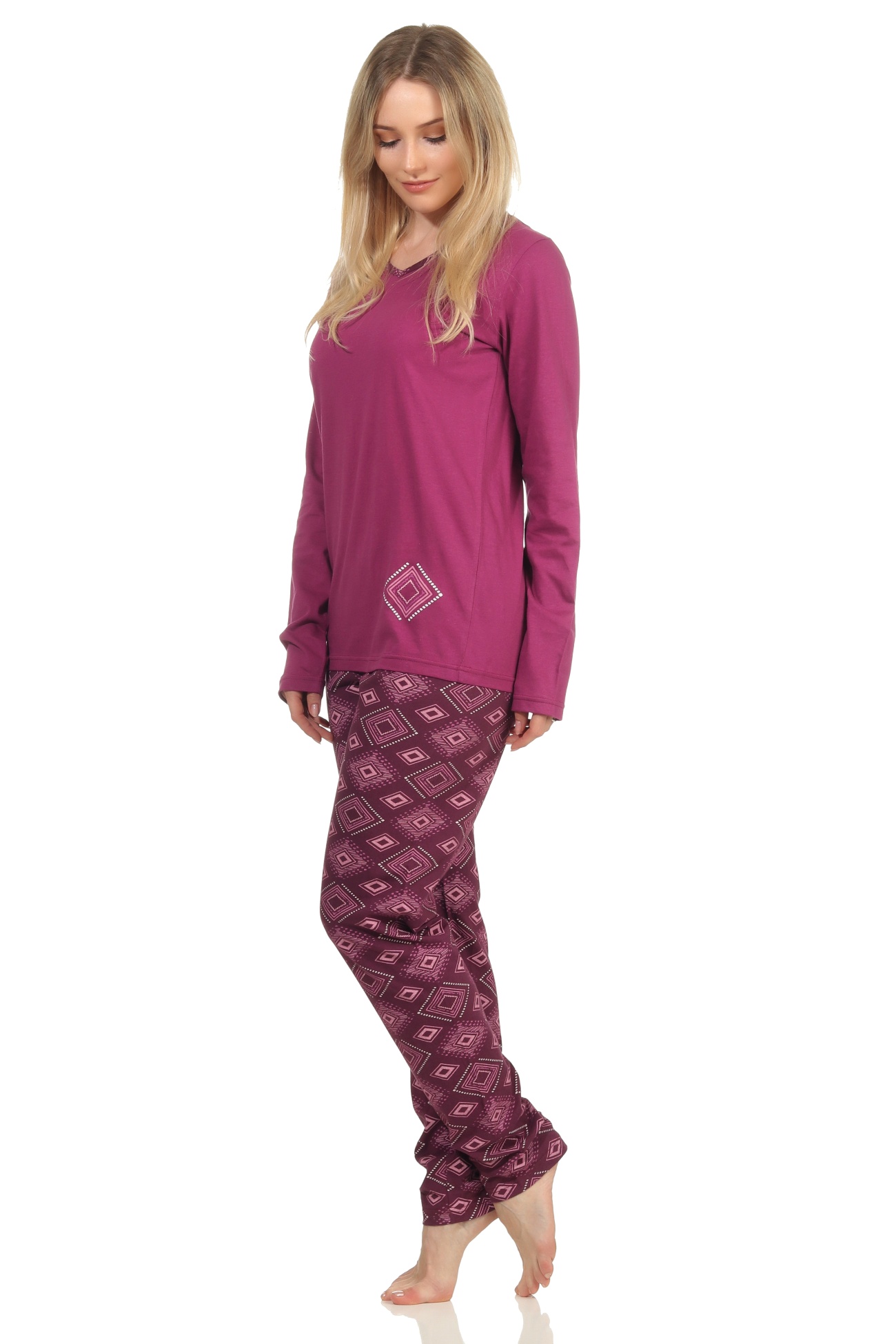 Damen Pyjama langarm Schlafanzug im eleganten Look, Hose mit grafischen Muster