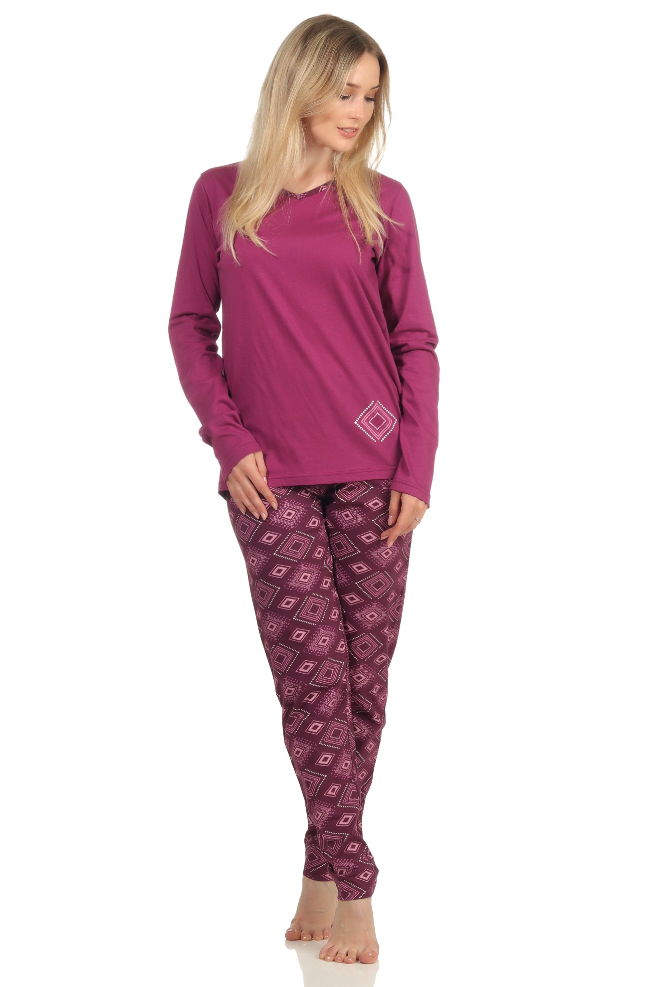 Damen Pyjama langarm Schlafanzug im eleganten Look, Hose mit grafischen Muster