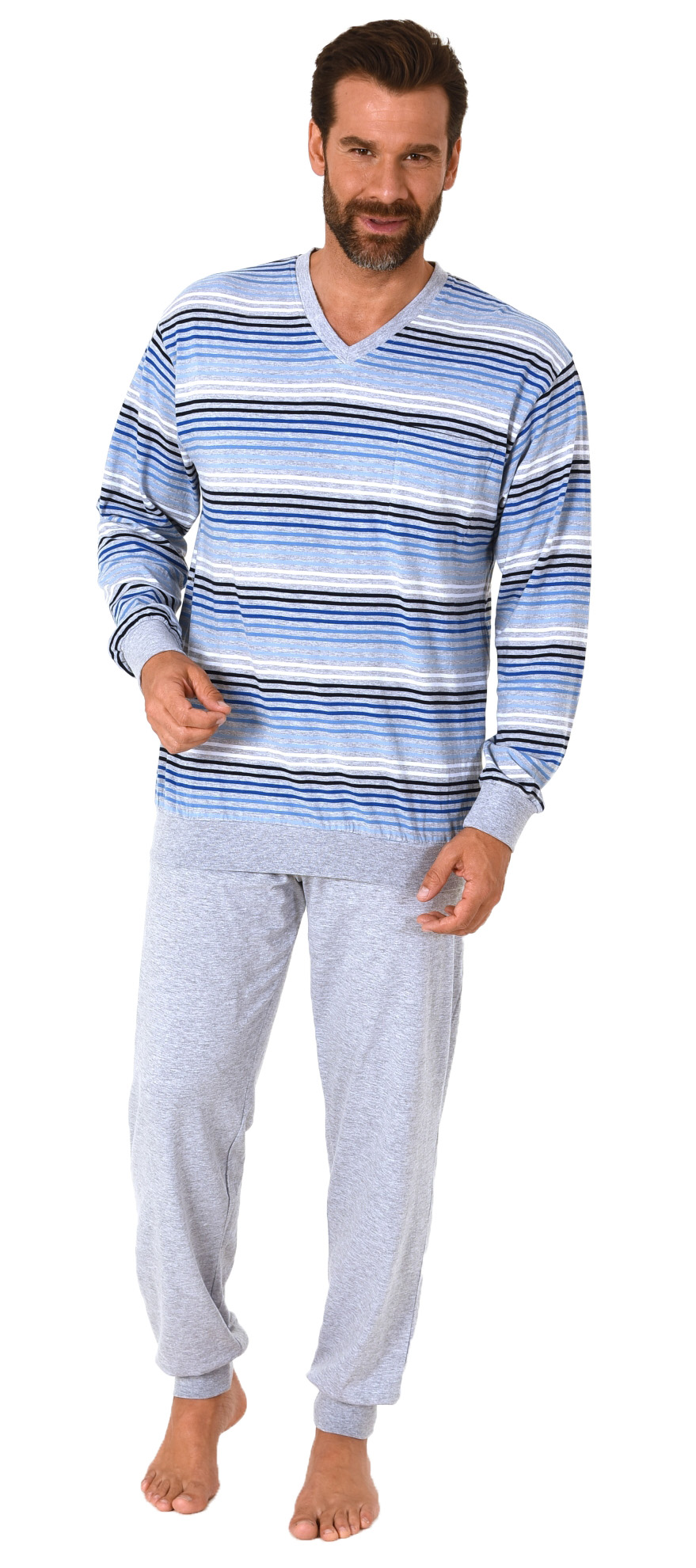 Herren Schlafanzug langarm mit Bündchen Pyjama in Streifenoptik - 112 101 90 746 Herren Schlafanzug langarm mit Bündchen Pyjama in Streifenoptik - 112 101 90 746