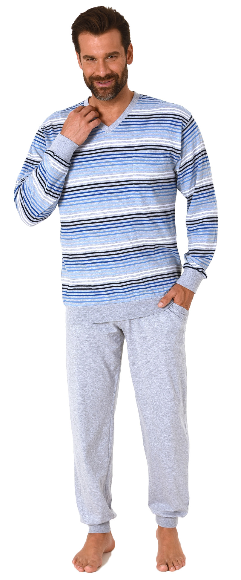 Herren Schlafanzug langarm mit Bündchen Pyjama in Streifenoptik - 112 101 90 746 Herren Schlafanzug langarm mit Bündchen Pyjama in Streifenoptik - 112 101 90 746