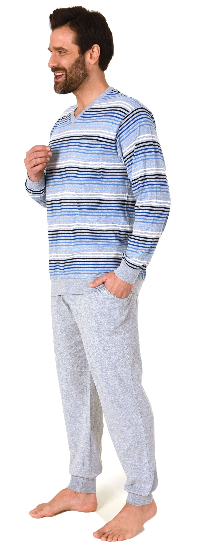 Herren Schlafanzug langarm mit Bündchen Pyjama in Streifenoptik - 112 101 90 746 Herren Schlafanzug langarm mit Bündchen Pyjama in Streifenoptik - 112 101 90 746