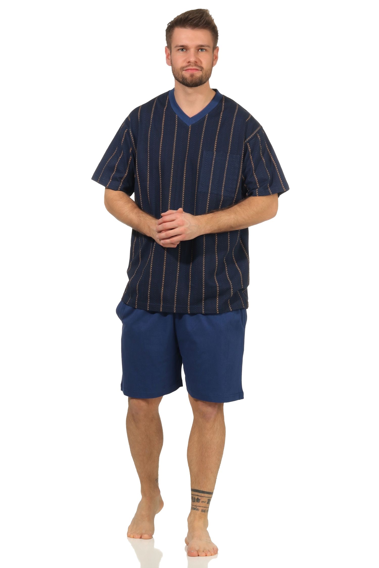 Eleganter Herren kurzarm Shorty Schlafanzug Pyjama - Streifenoptik - 112 105 90 518