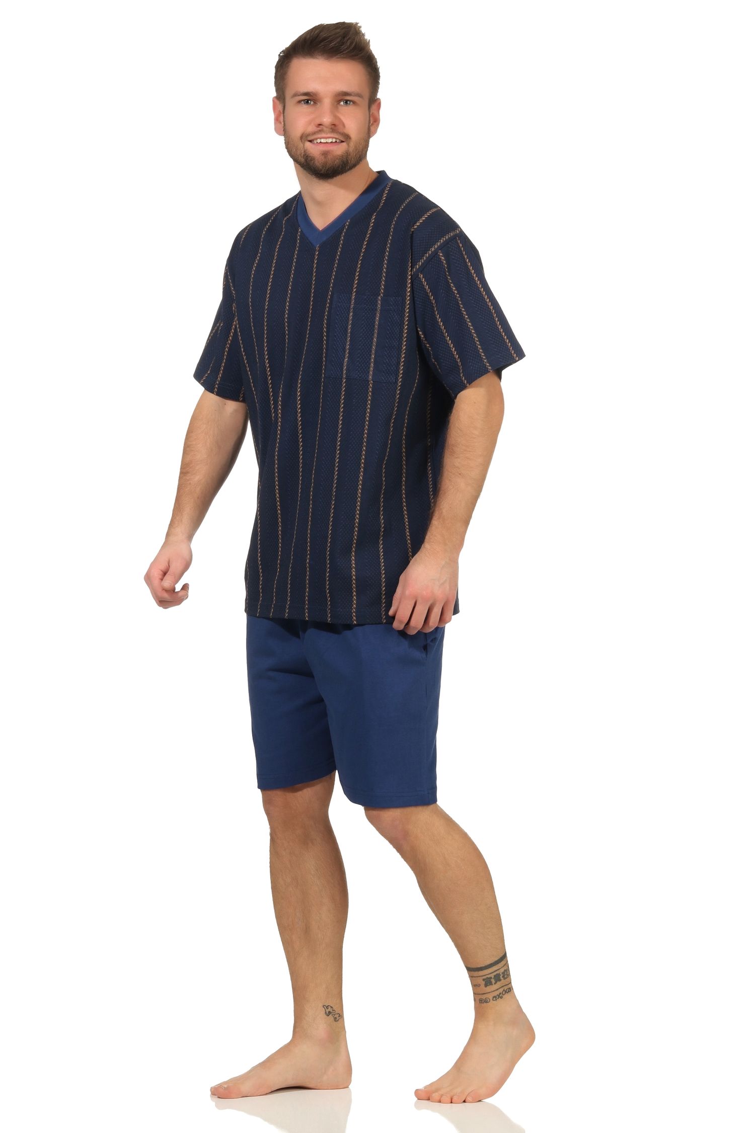 Eleganter Herren kurzarm Shorty Schlafanzug Pyjama - Streifenoptik - 112 105 90 518