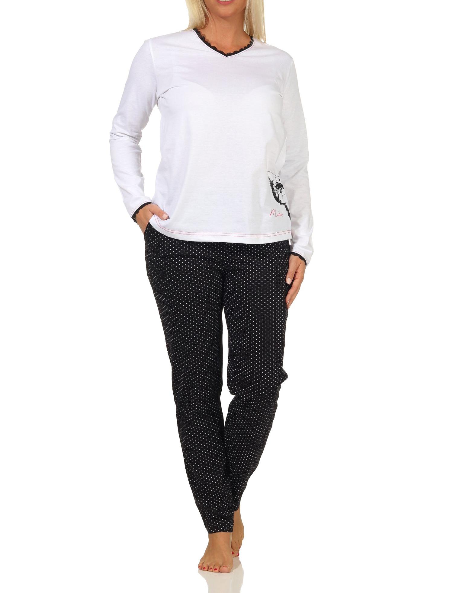 Süsser Damen Schlafanzug langarm Pyjama mit Katze als Motiv, Hose in Tupfen Optik