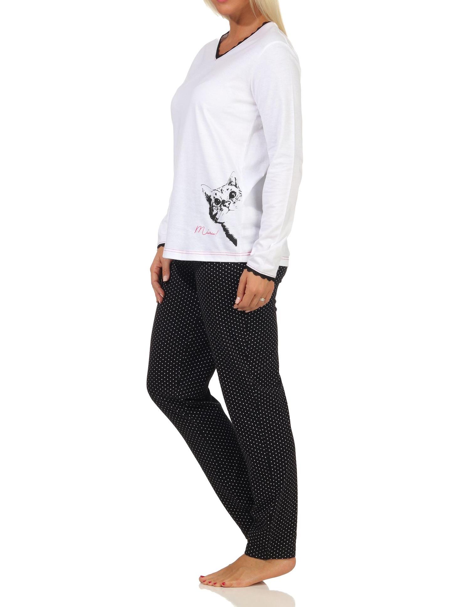 Süsser Damen Schlafanzug langarm Pyjama mit Katze als Motiv, Hose in Tupfen Optik