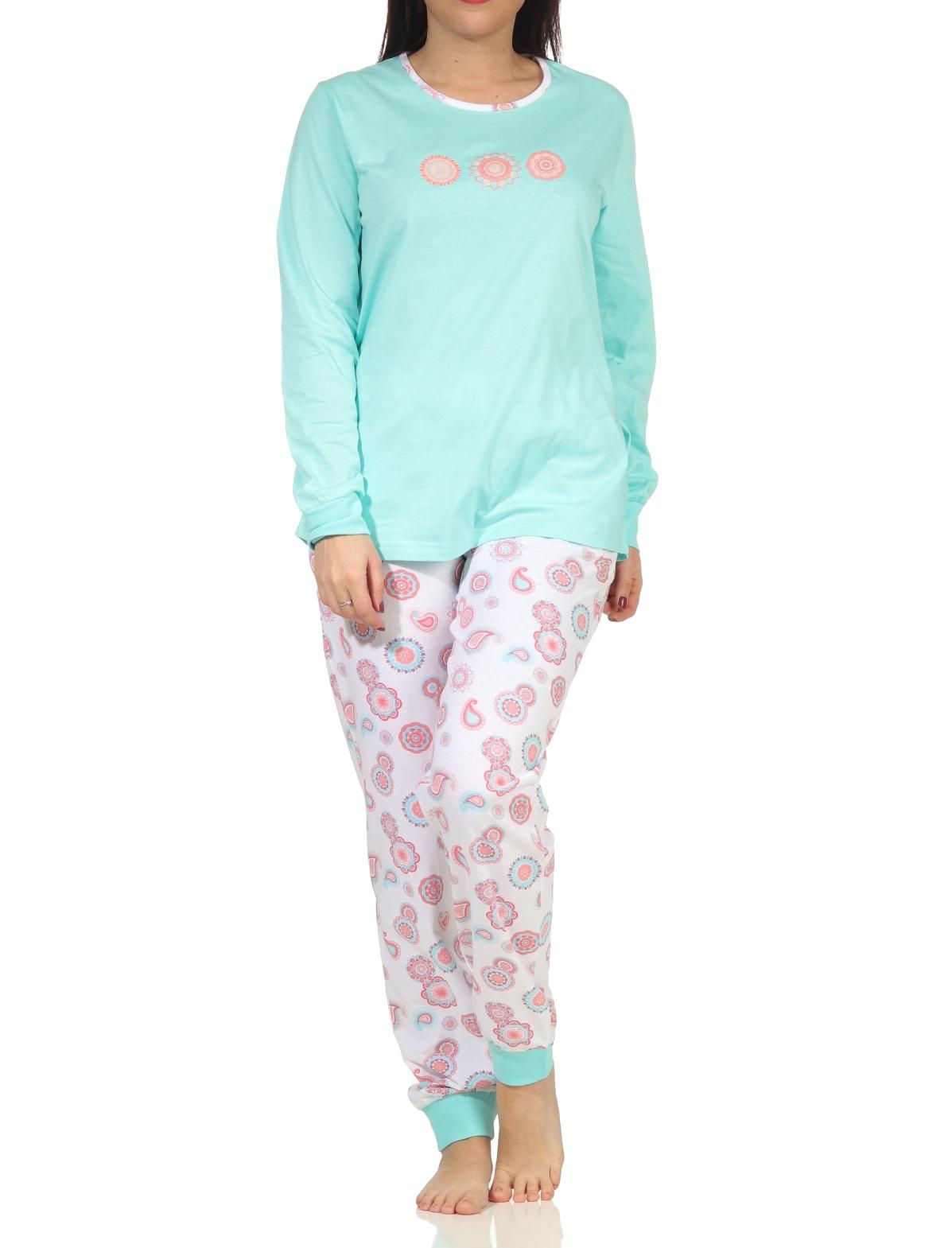 Toller Damen Pyjama Schlafanzug langarm mit Bündchen in tollem Design, Hose floraler Print