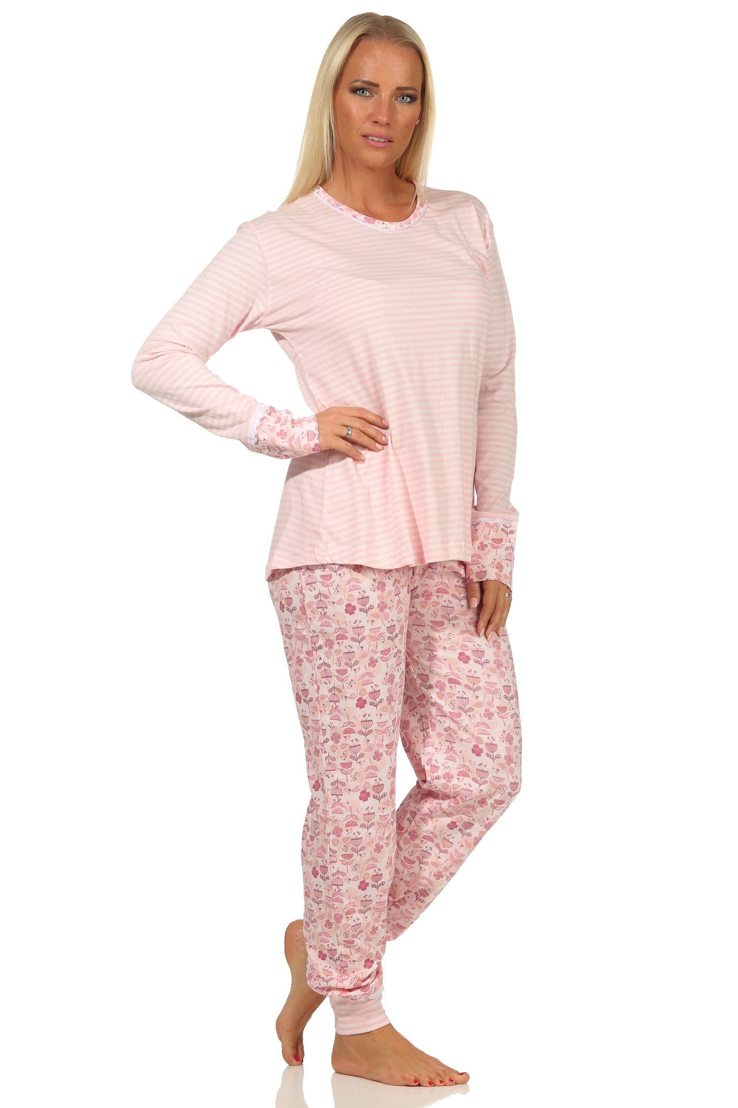 Eleganter Damen Pyjama Schlafanzug langarm mit Bündchen und Spitze – auch in Übergrössen