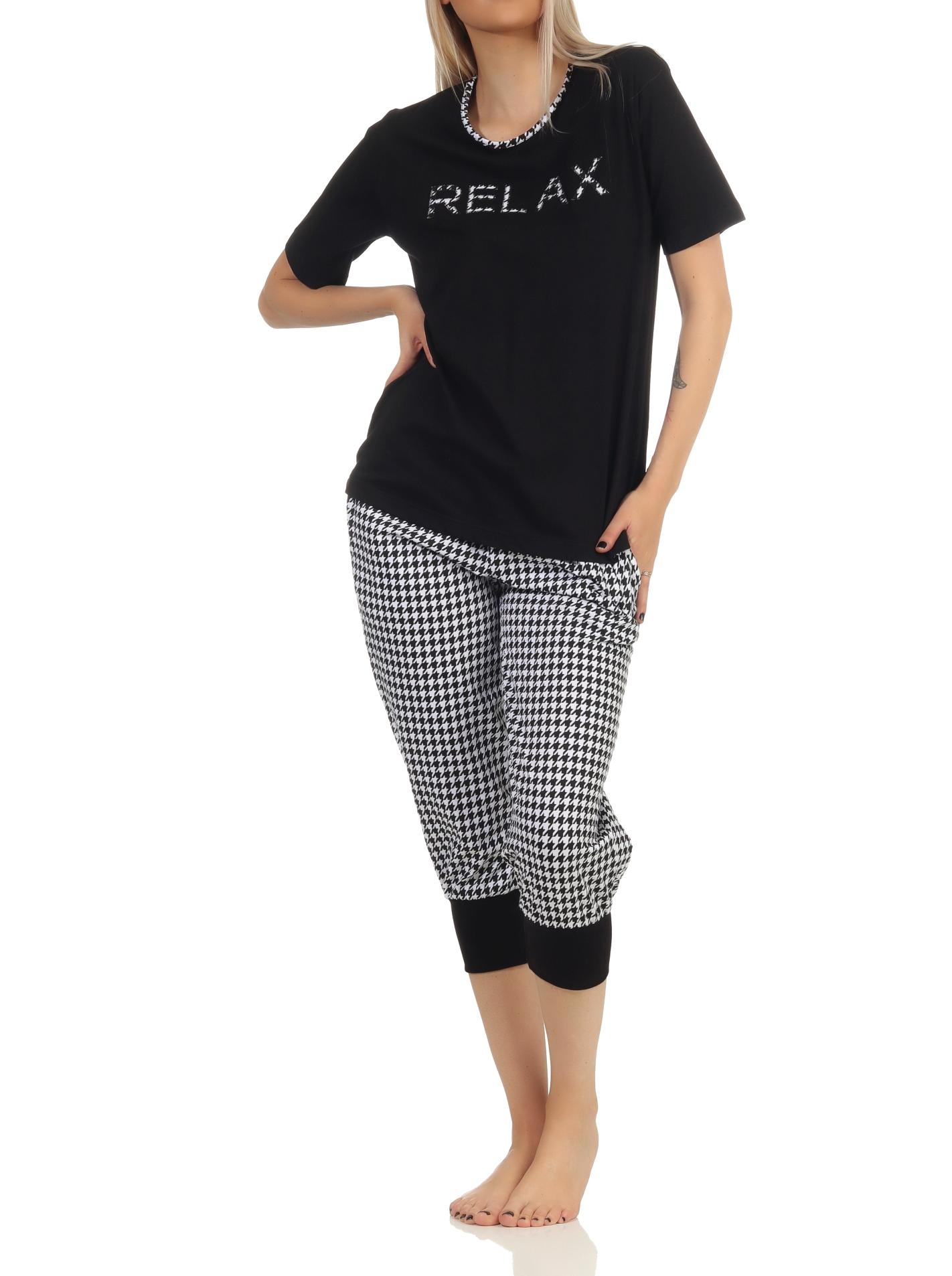 Eleganter Damen kurzarm Pyjama Schlafanzug, Capri Hose im Pepita Look – auch in Übergrössen Eleganter Damen kurzarm Pyjama Schlafanzug, Capri Hose im Pepita Look – auch in Übergrössen