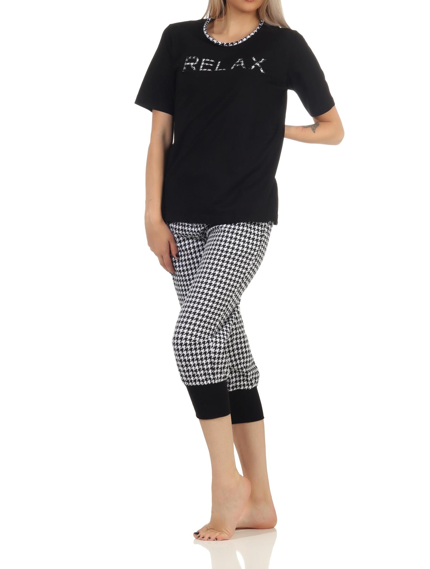 Eleganter Damen kurzarm Pyjama Schlafanzug, Capri Hose im Pepita Look – auch in Übergrössen Eleganter Damen kurzarm Pyjama Schlafanzug, Capri Hose im Pepita Look – auch in Übergrössen