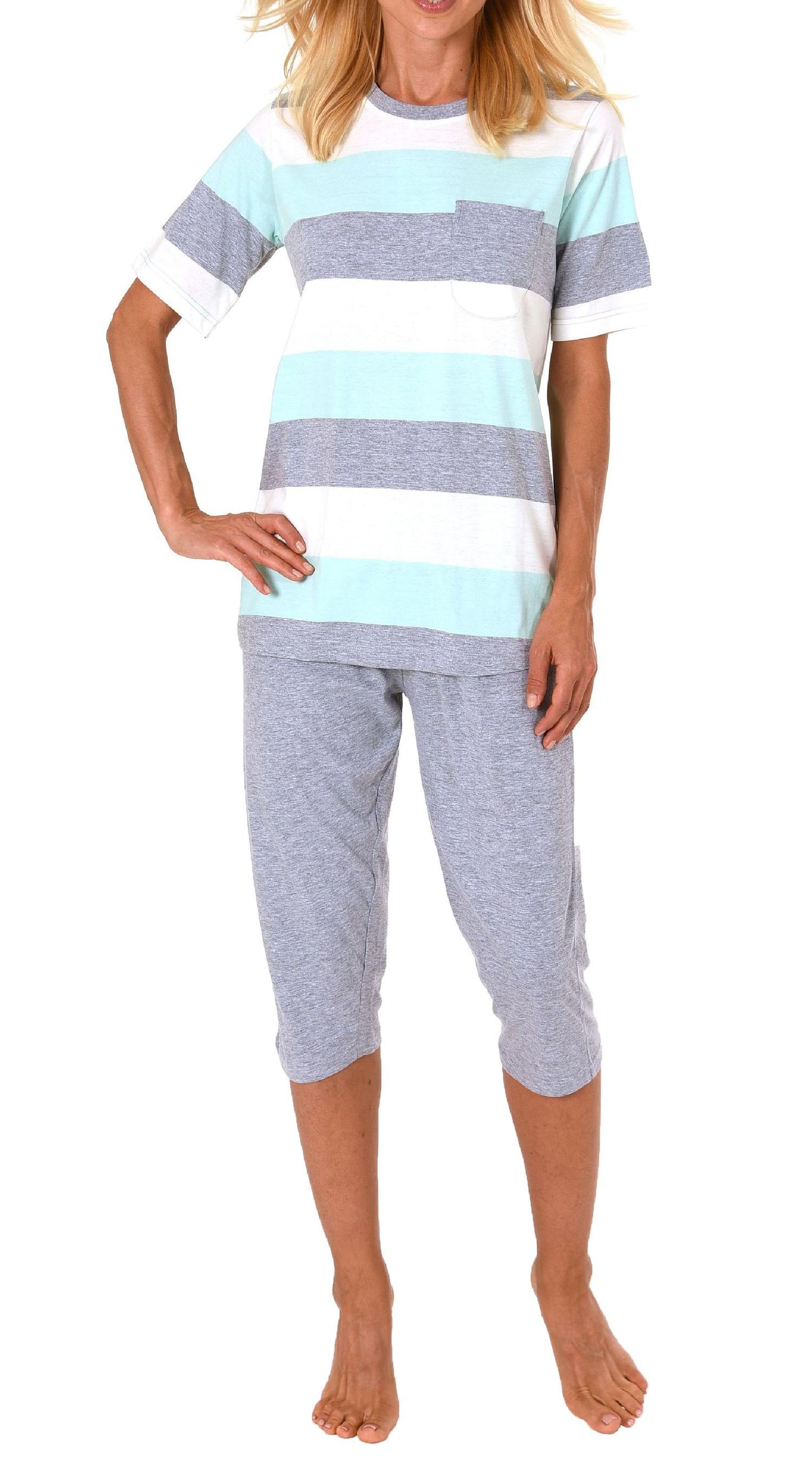 Damen Pyjama kurzarm mit Capri Hose in toller Blockstreifen Optik - auch in Übergrössen