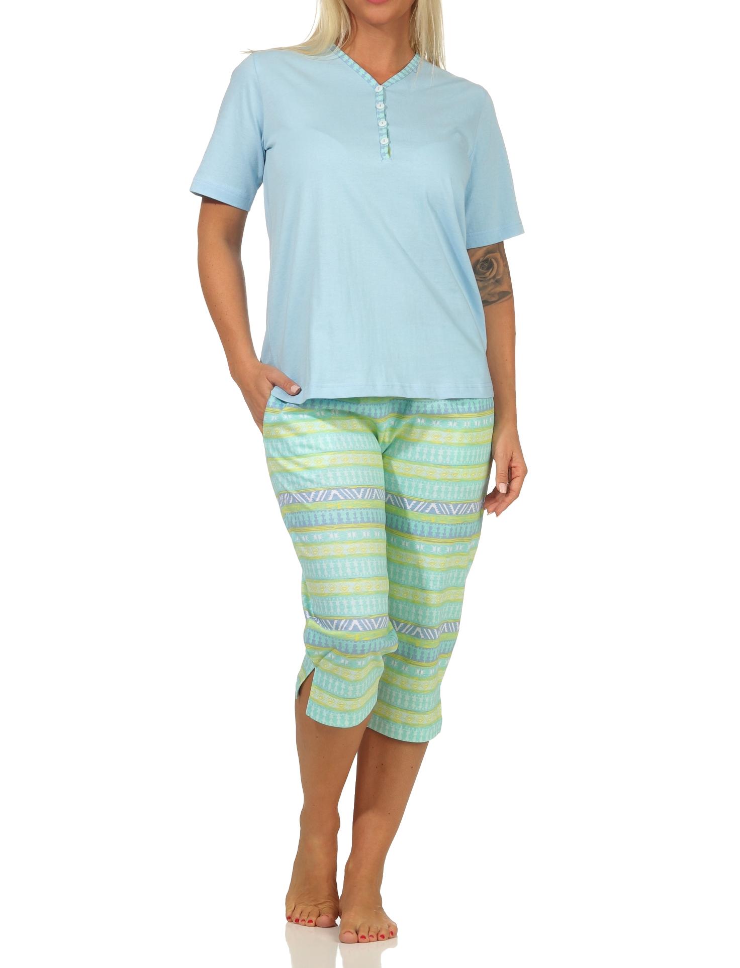 Damen Schlafanzug kurzarm Pyjama mit Capri-Hose im Ethnolook – auch in Übergrössen
